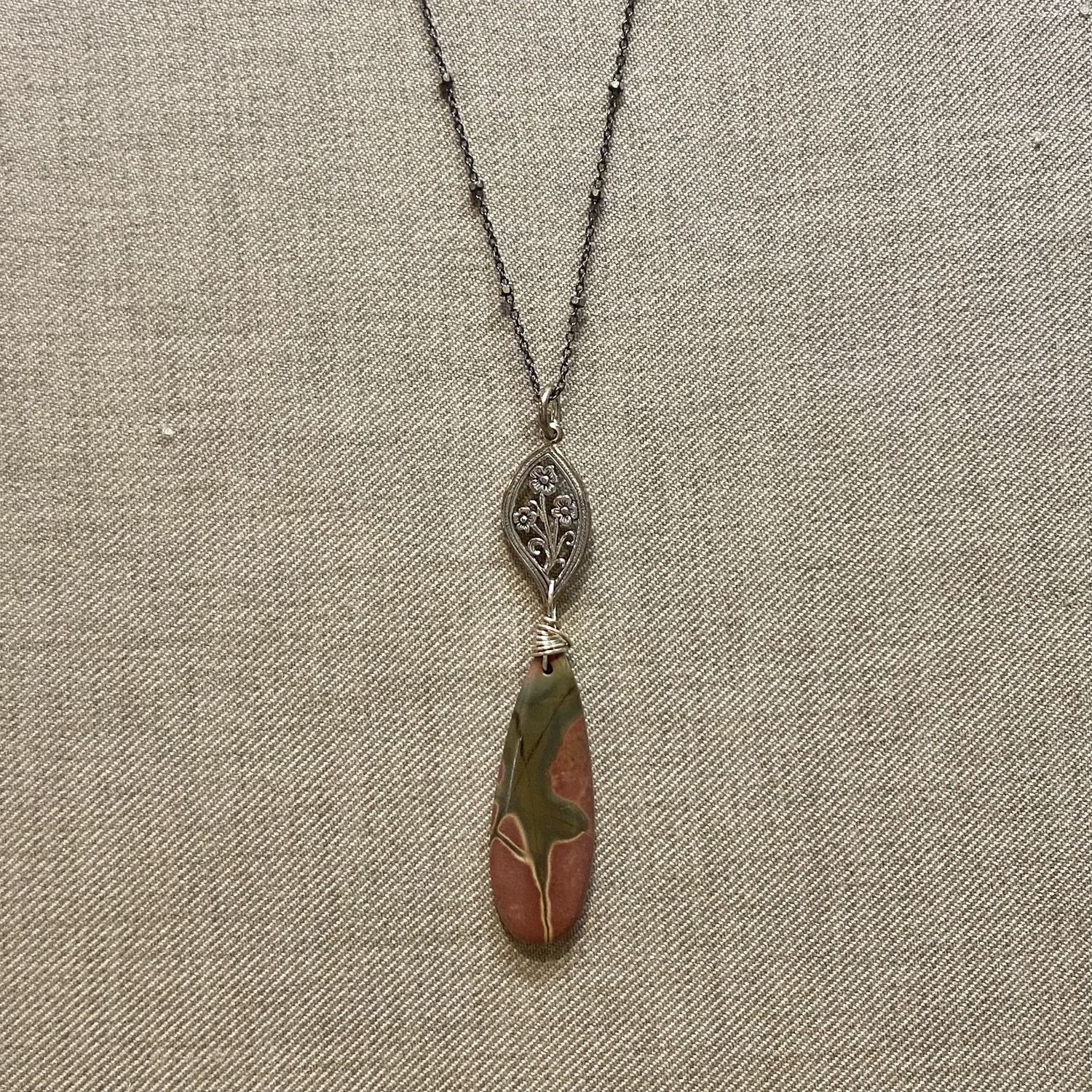 Cass Necklace Sterling Flower Filigree and Jasper Tear Drop