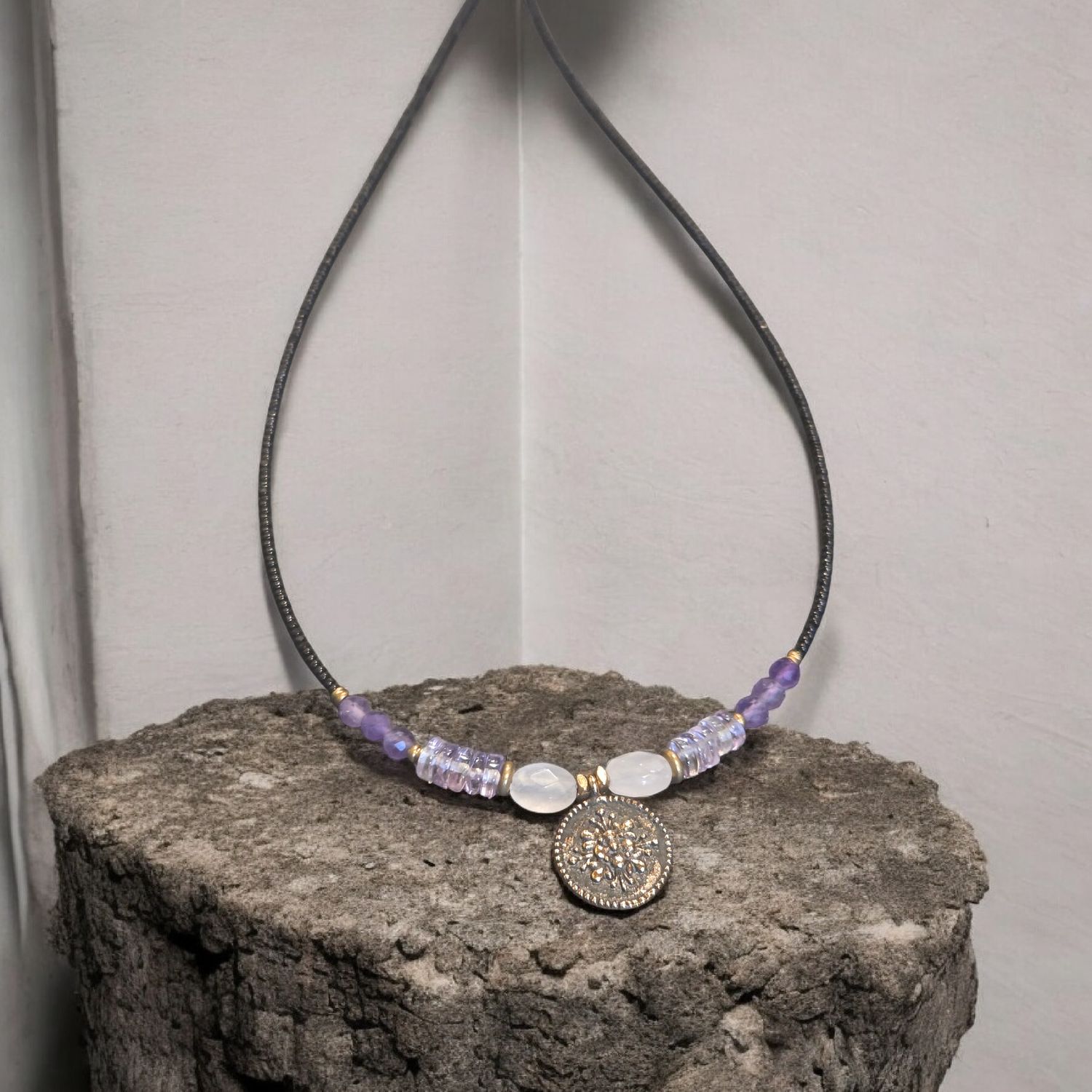 Cass Necklace Dainty Gold Filigree Coin, Amethyst, and Rose Quartz