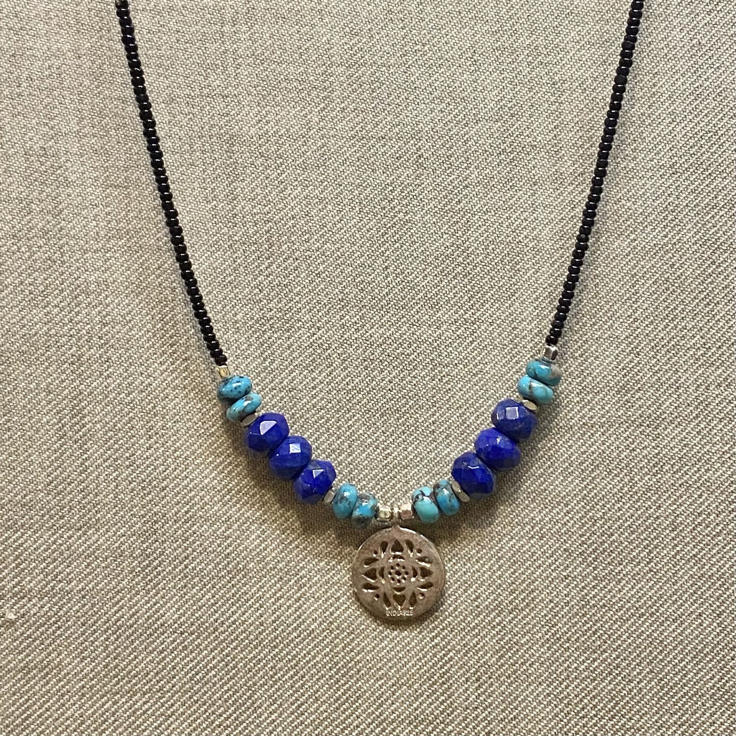 Cass Necklace Sterling Silver Dainty Coin Lapis and Turquoise