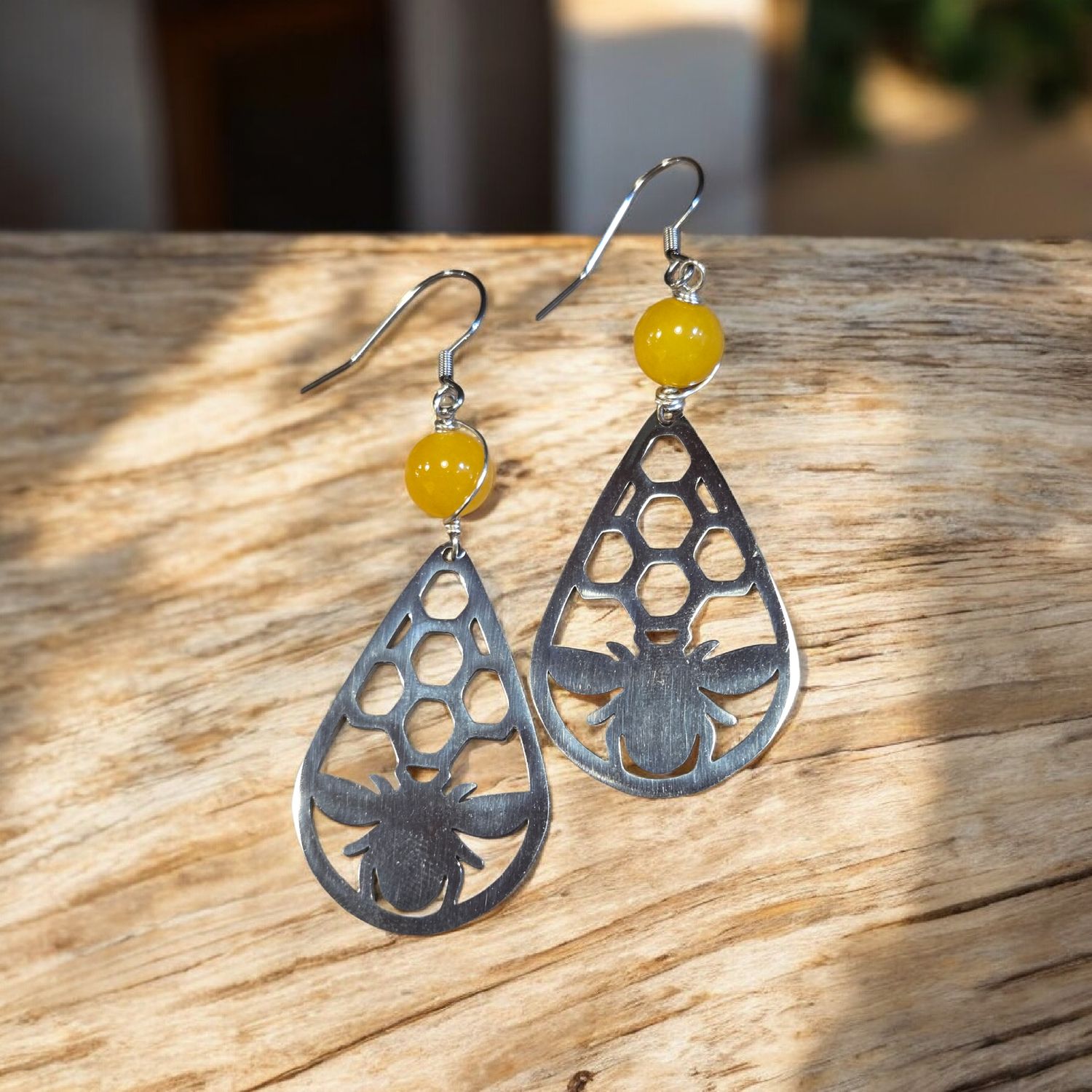 Cass Earring Yellow Jade with Bee