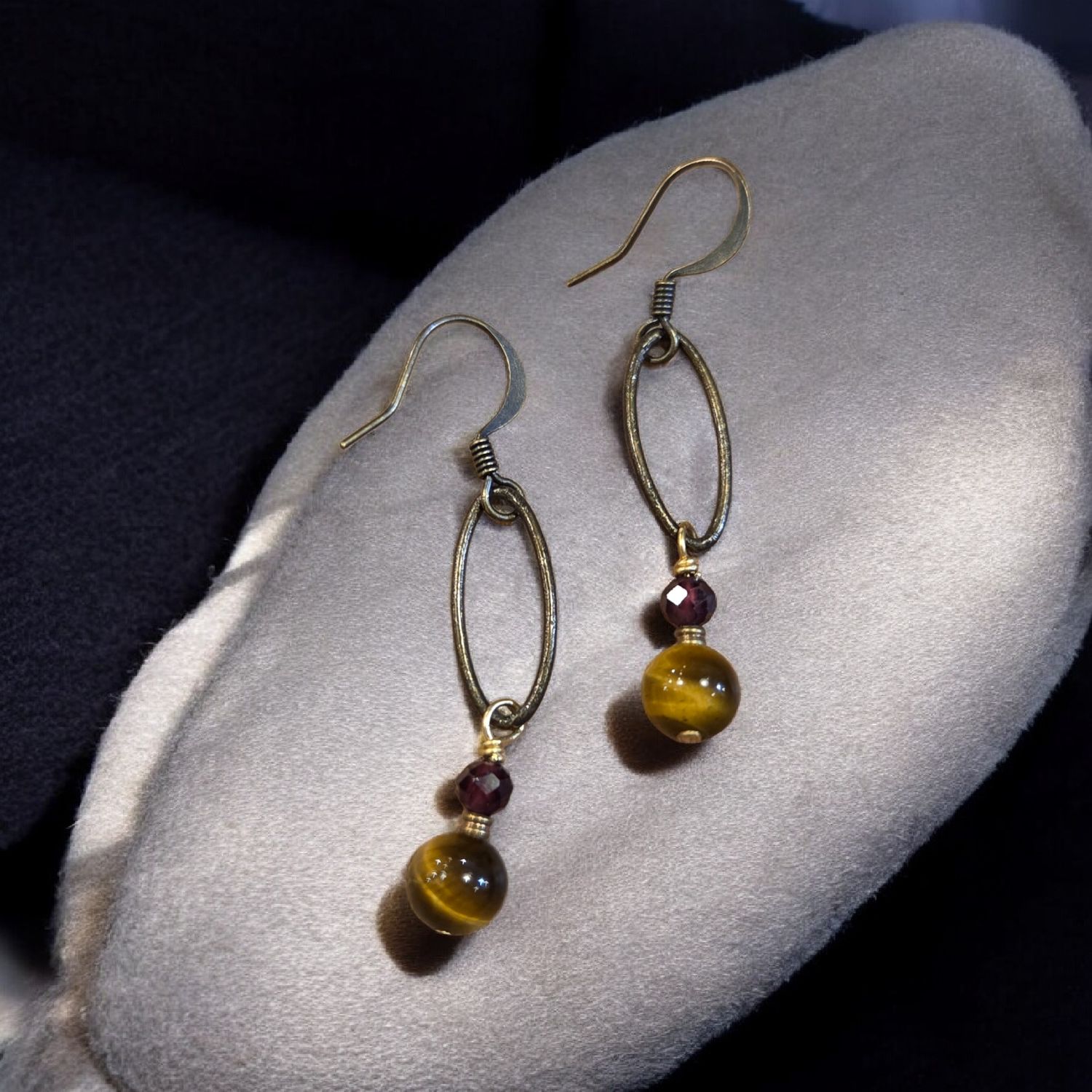 Cass Earrings Tigers Eye Drops with Garnet