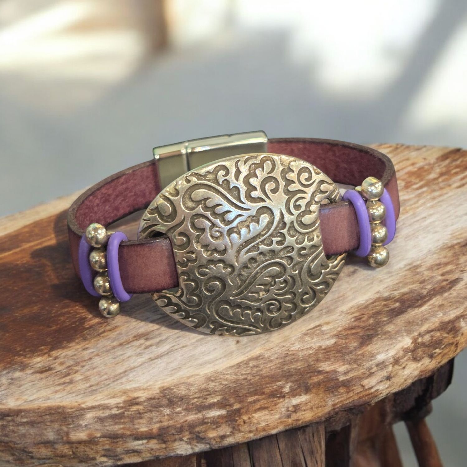 Whitney Bracelet Purple Leather w/ Silver Filigree Disk