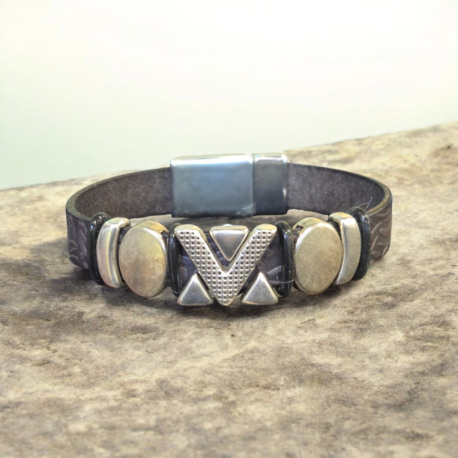 Whitney Bracelet Black Textured Leather w/ Geometric Silver Beads