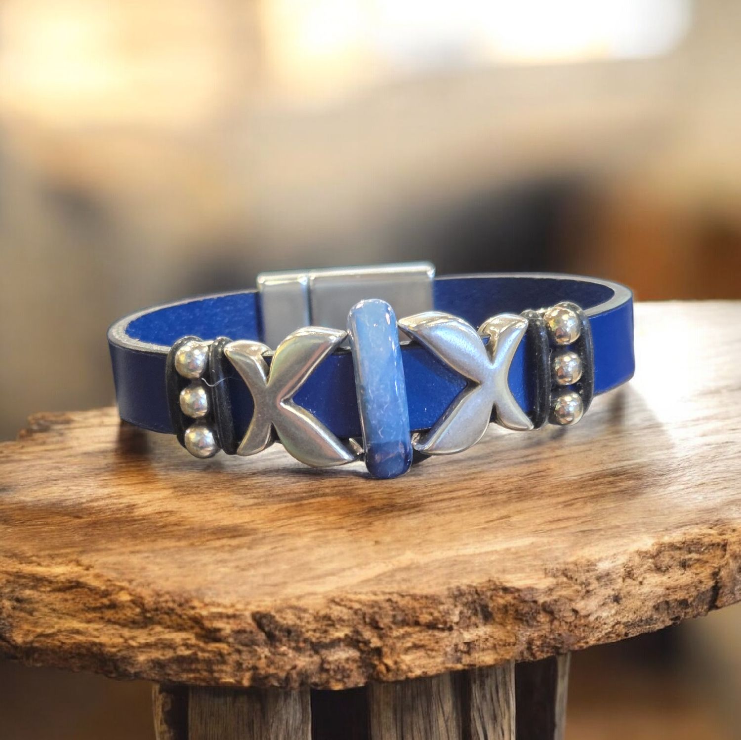 Whitney Bracelet Blue Leather w/ Silver &amp; Blue Beads