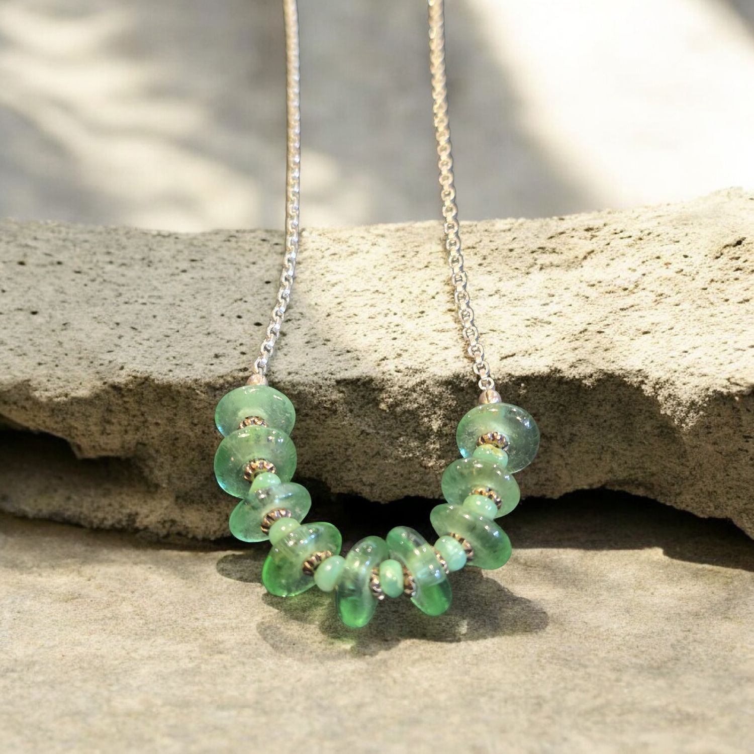 Whitney Necklace Green Roman Glass Disks