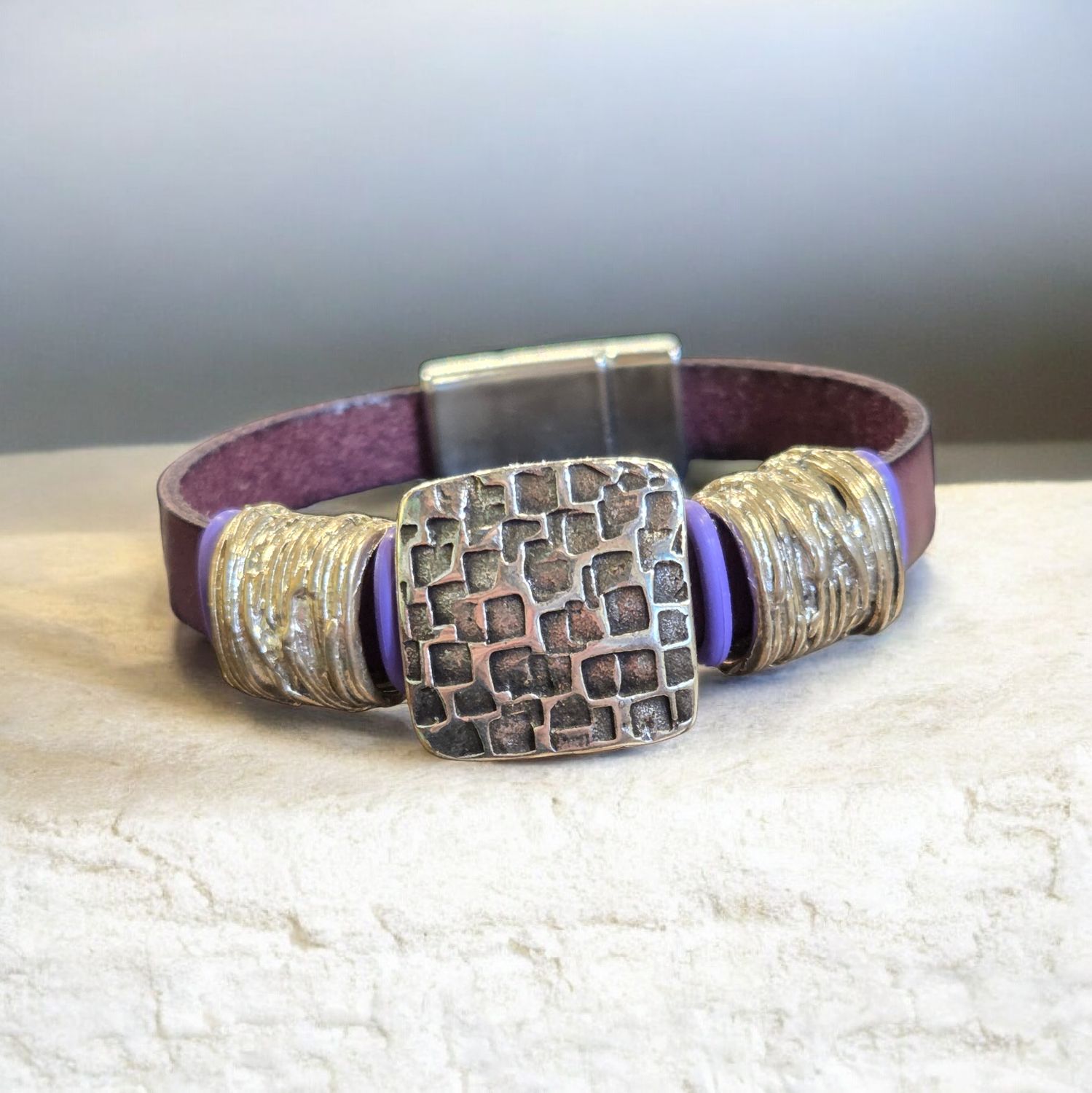 Whitney Bracelet Purple Leather w/ Textured Silver Beads