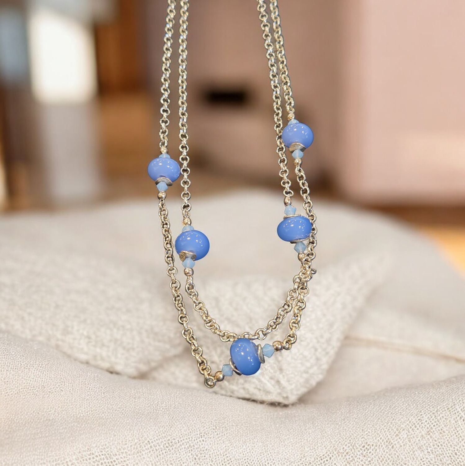 Whitney Necklace Double Strand Silver w/ Pale Blue Lampwork Beads