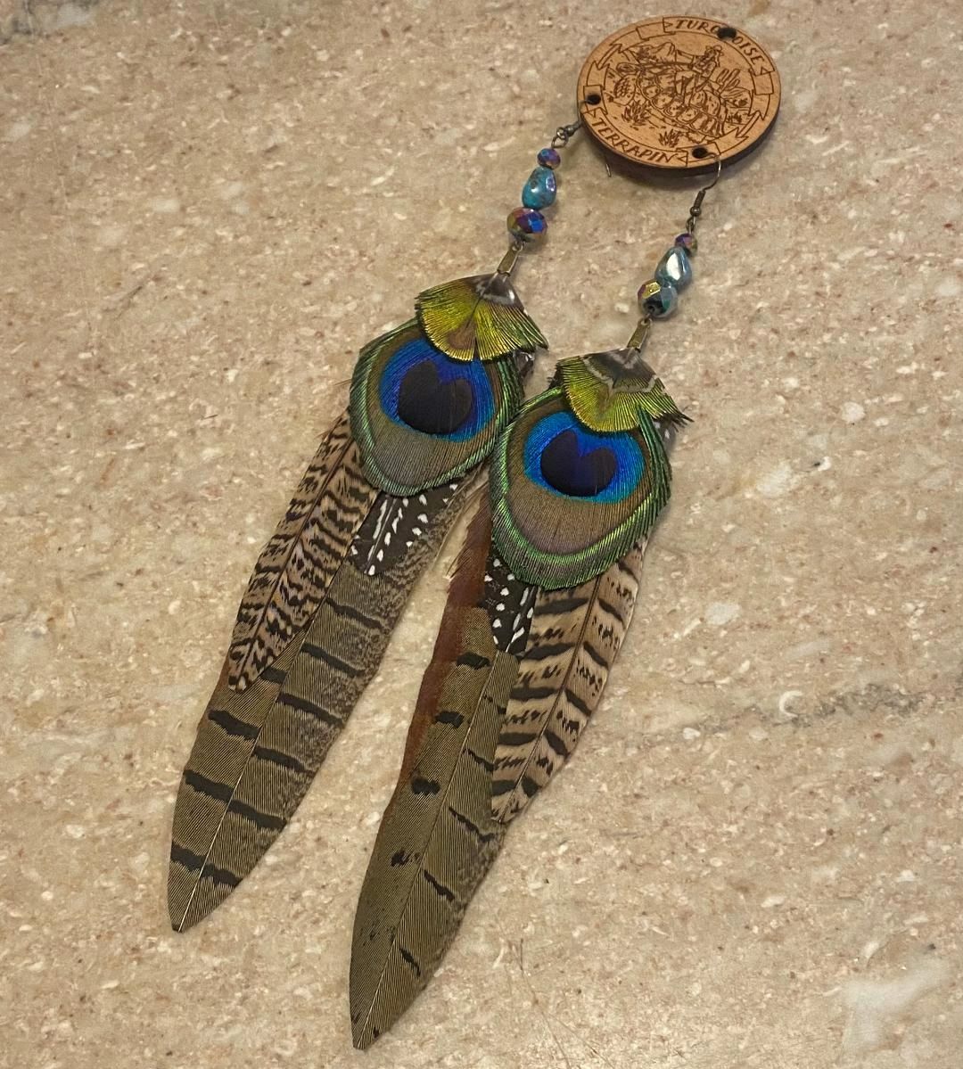 Ormsby Earring Extra Long Pheasant Feather w/ Peacock Feathers