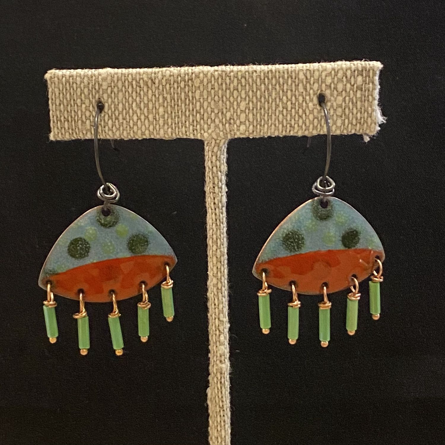 DiCesare Earrings Fan Enameled Copper w/Dangle Beads
