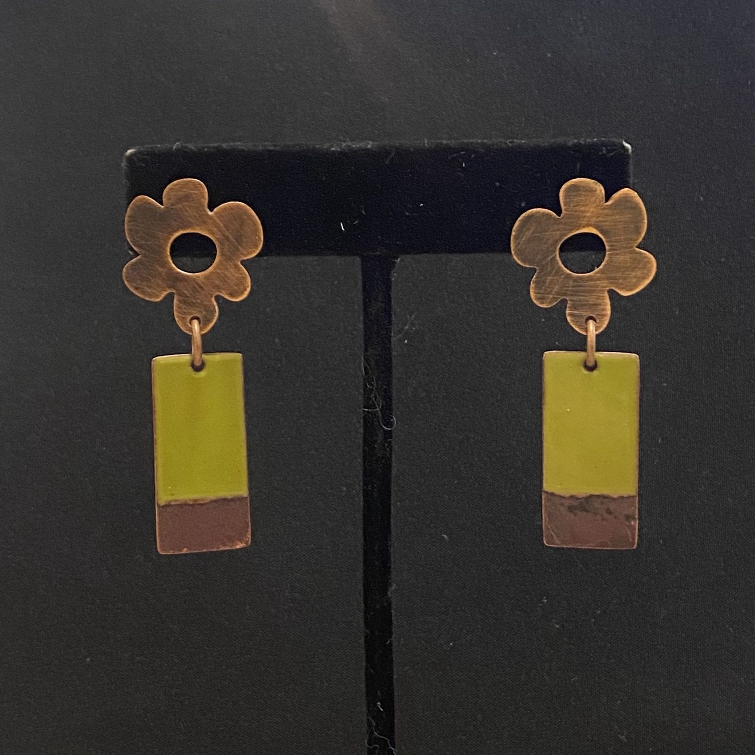 DiCesare Earrings Copper Daisy Posts w/ Lime Green Enamel Rectangles