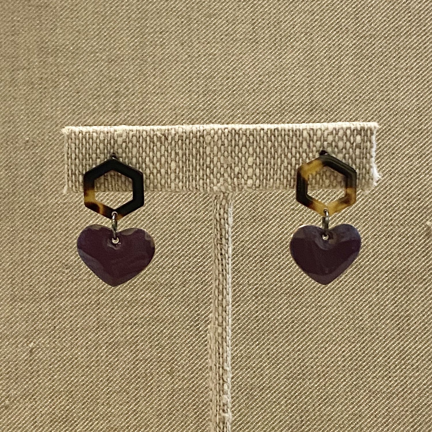 DiCesare Earrings Hexagon Resin Posts w/ Heart Dangles