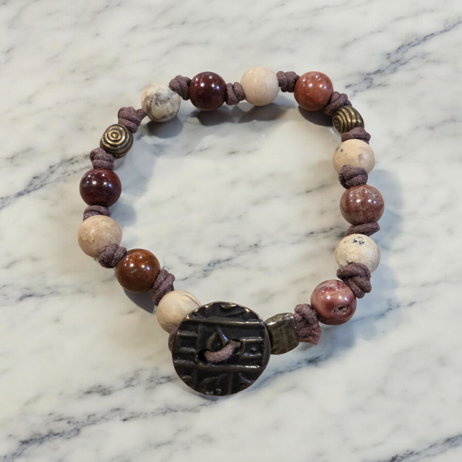 Nadeau Bracelet Mixed Tan &amp; Orange Gemstones w/ Brass on Leather