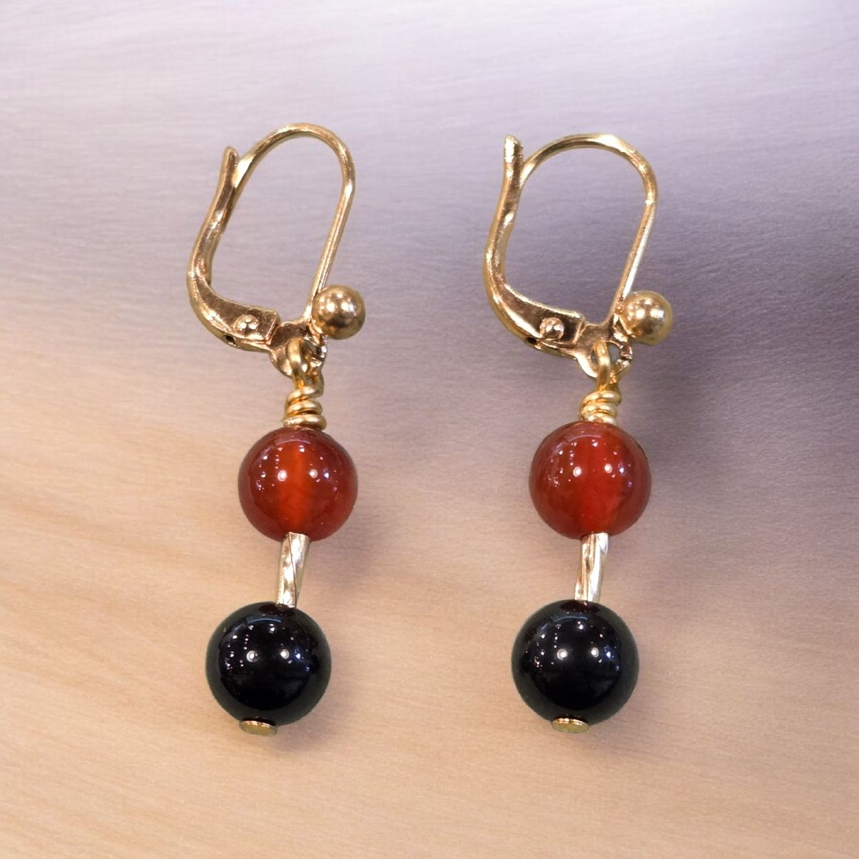 Nadeau Earring Carnelian &amp; Obsidian on Gold Lever Backs