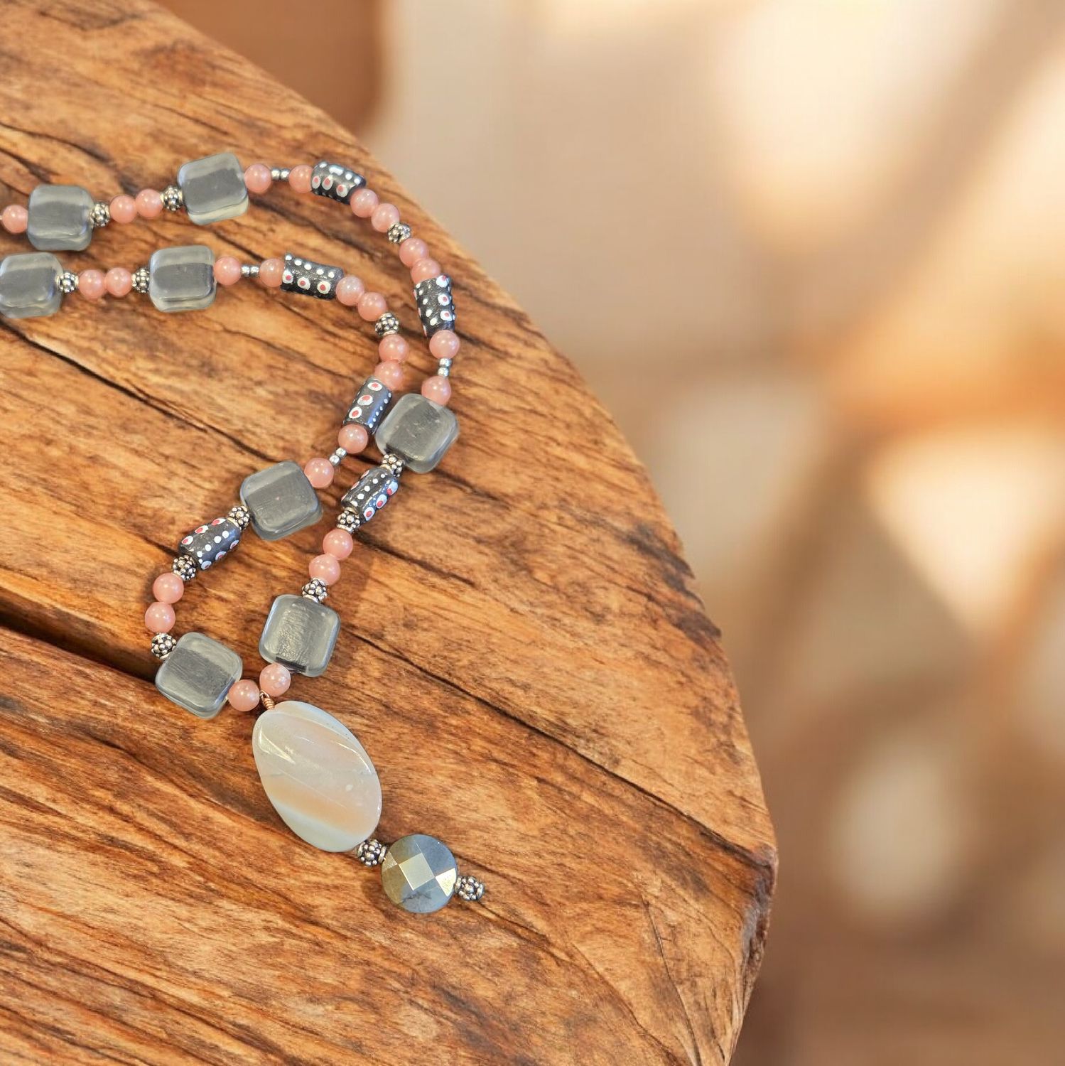 Nadeau Necklace Agate Drops Pewter Beads, Czech Glass, African Clay Beads