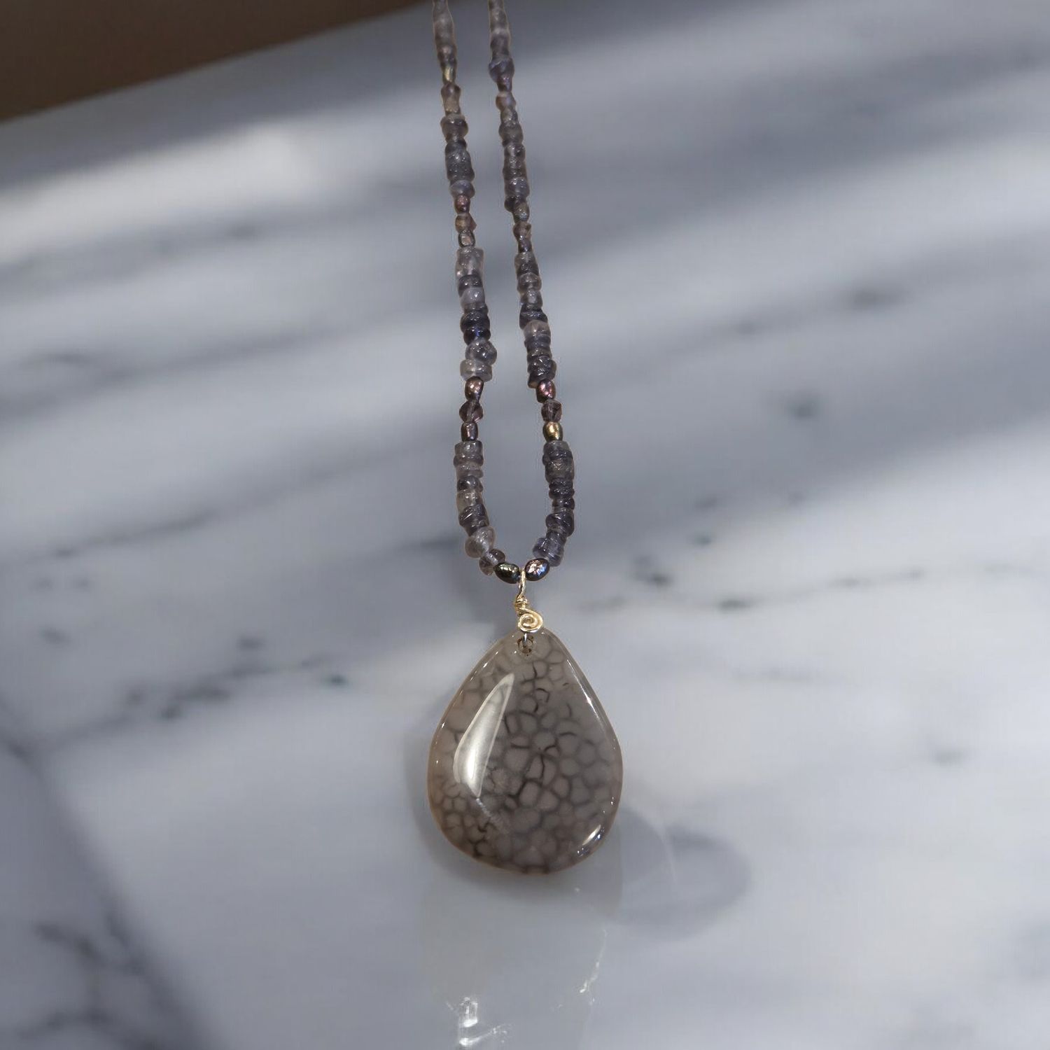 Nadeau Necklace Iolite Pendant &amp; Chips w/ Czech Glass