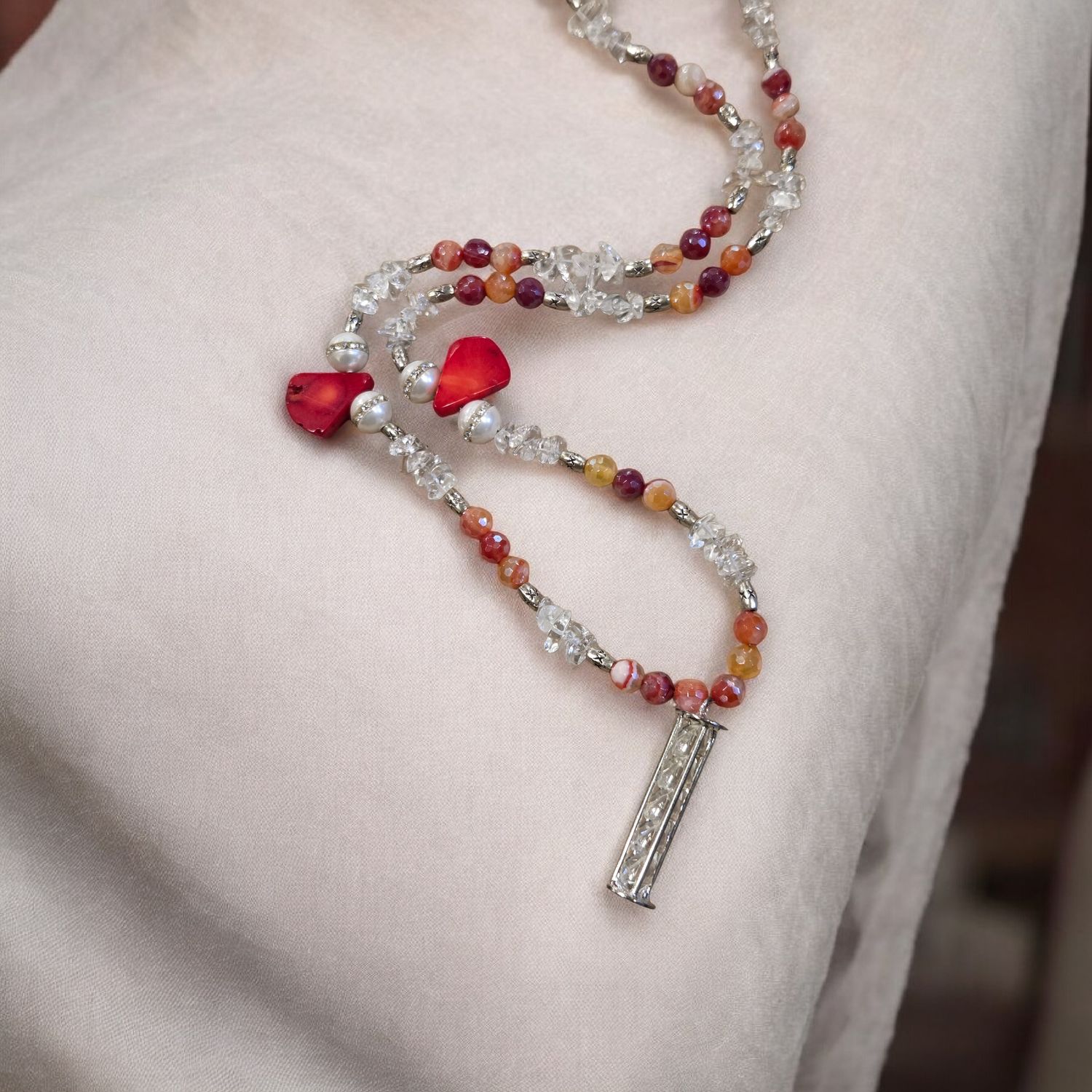 Nadeau Necklace Red Agate, Quartz, Pearl, Red Coral, Crystal