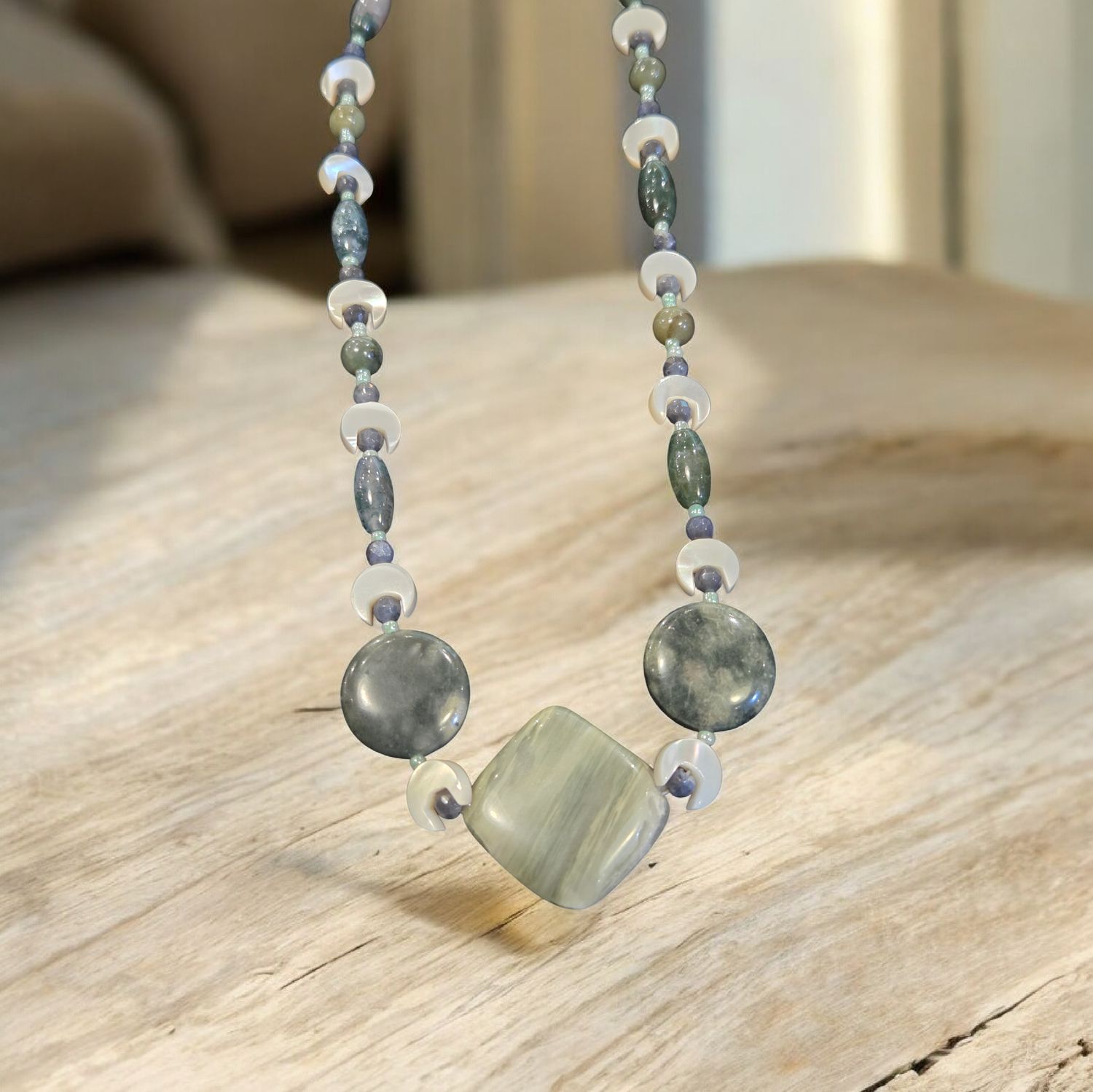 Nadeau Necklace Moss Agate, Crescent Mother of Pearl, Jade