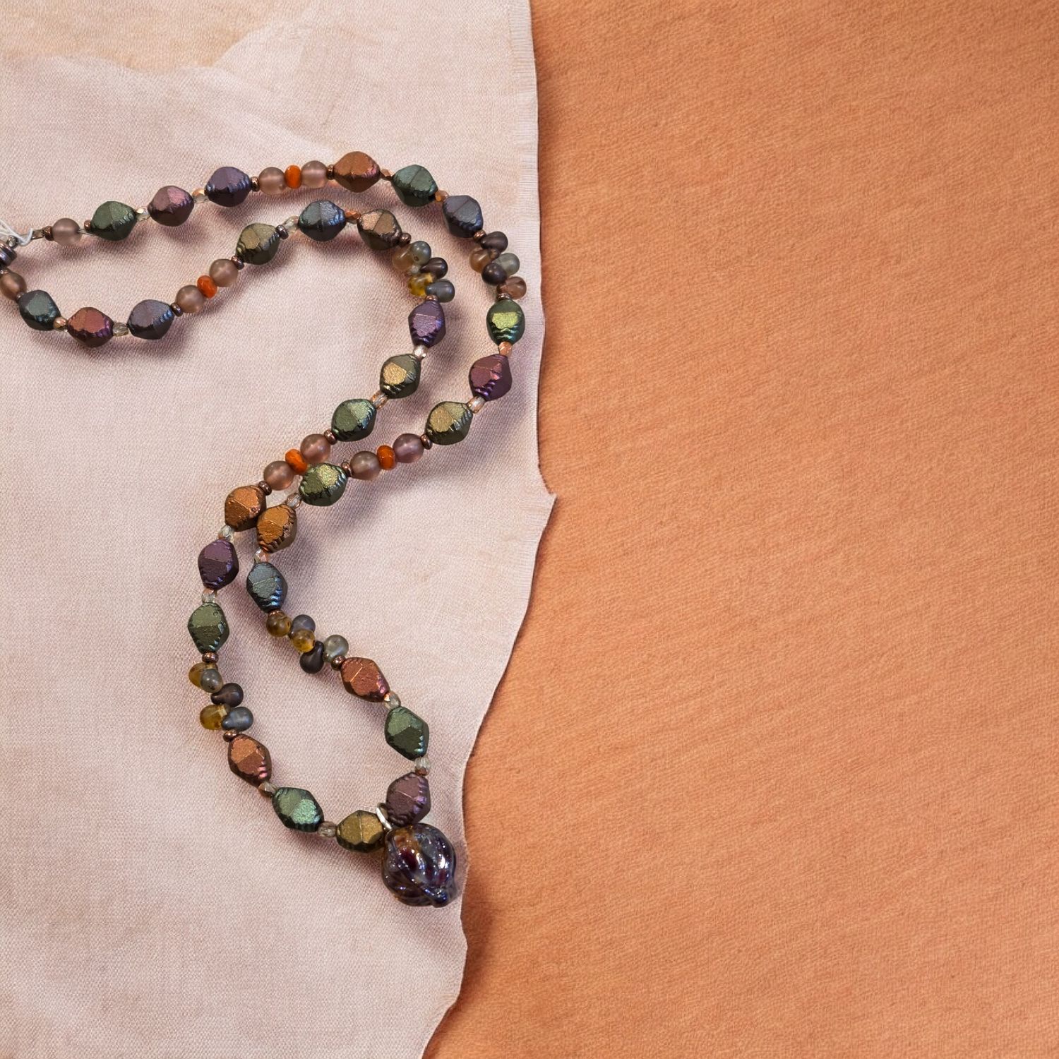 Nadeau Necklace Glass Pendant w/ Rainbow Metallic Czech Glass