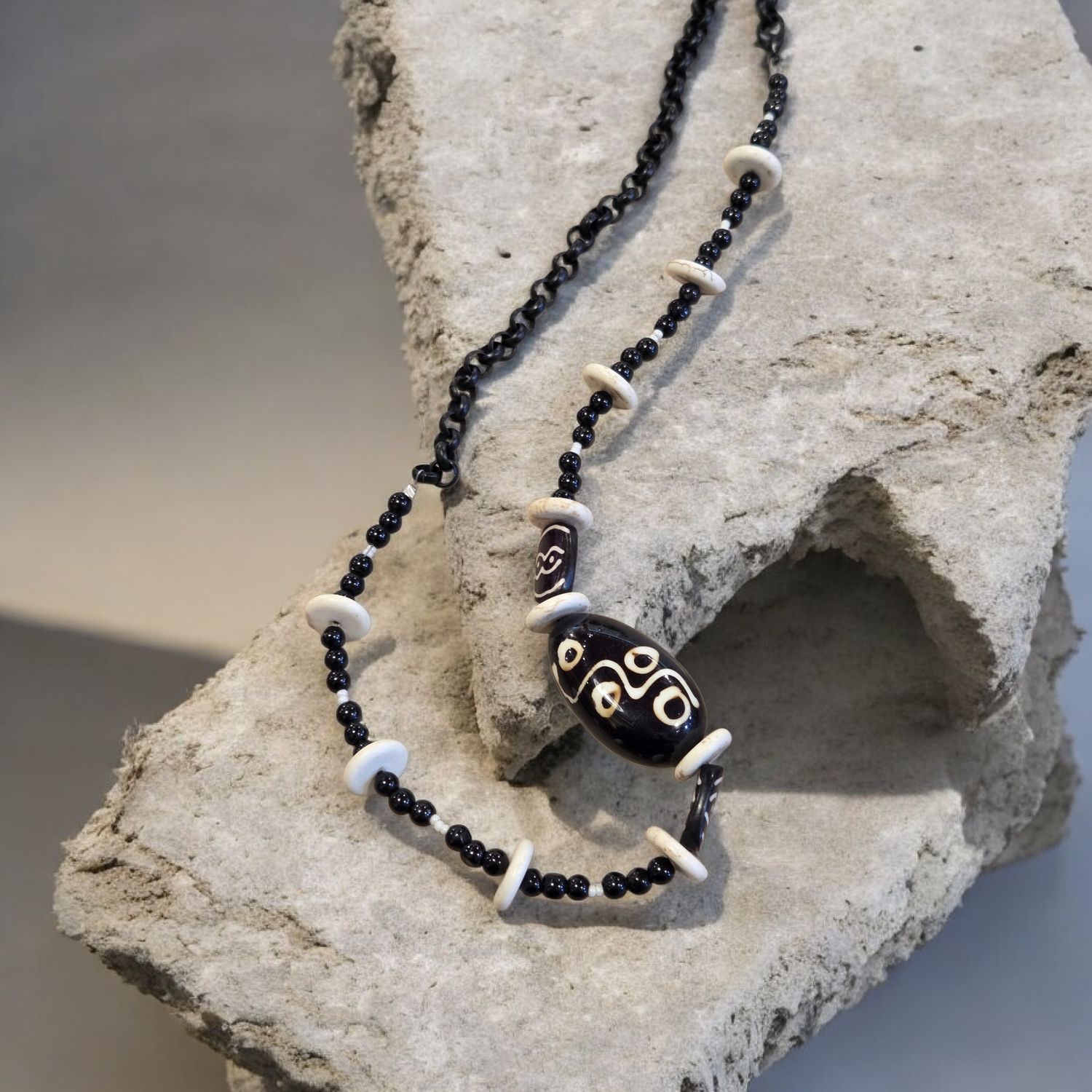 Nadeau Necklace Black &amp; White African Glass w/ African Wood Beads
