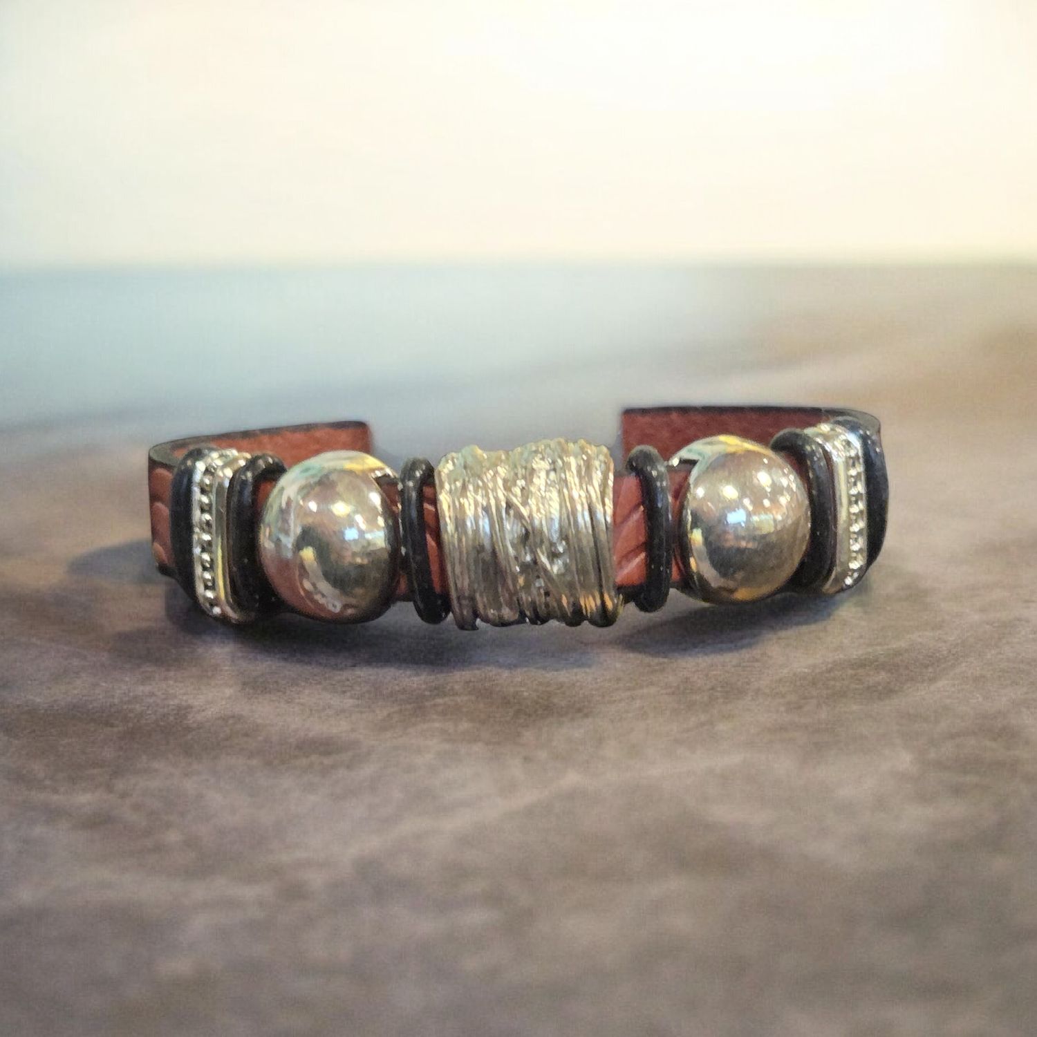 Whitney Bracelet Tan Leather Feather Pattern w/Silver beads