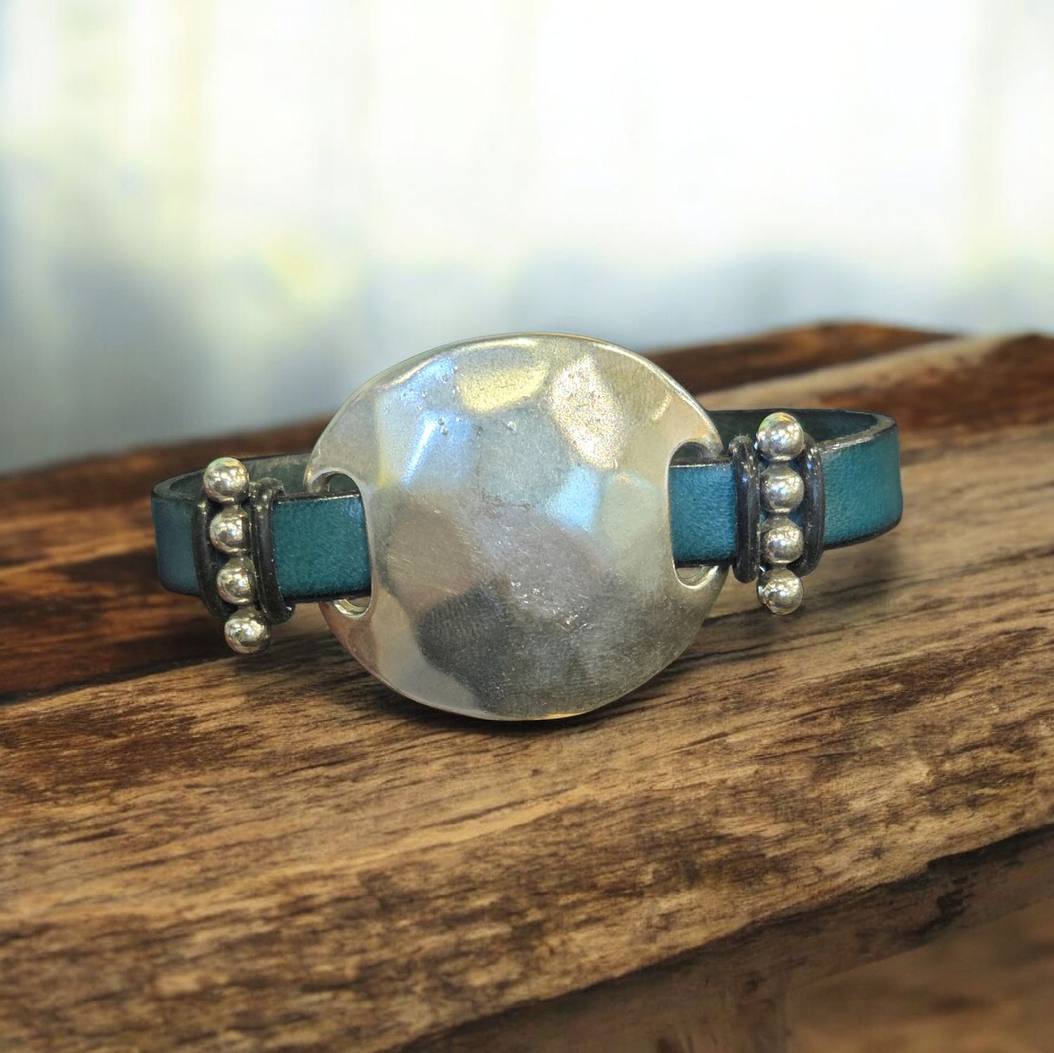 Whitney Bracelet Teal Leather with Large Hammered Oval Bead