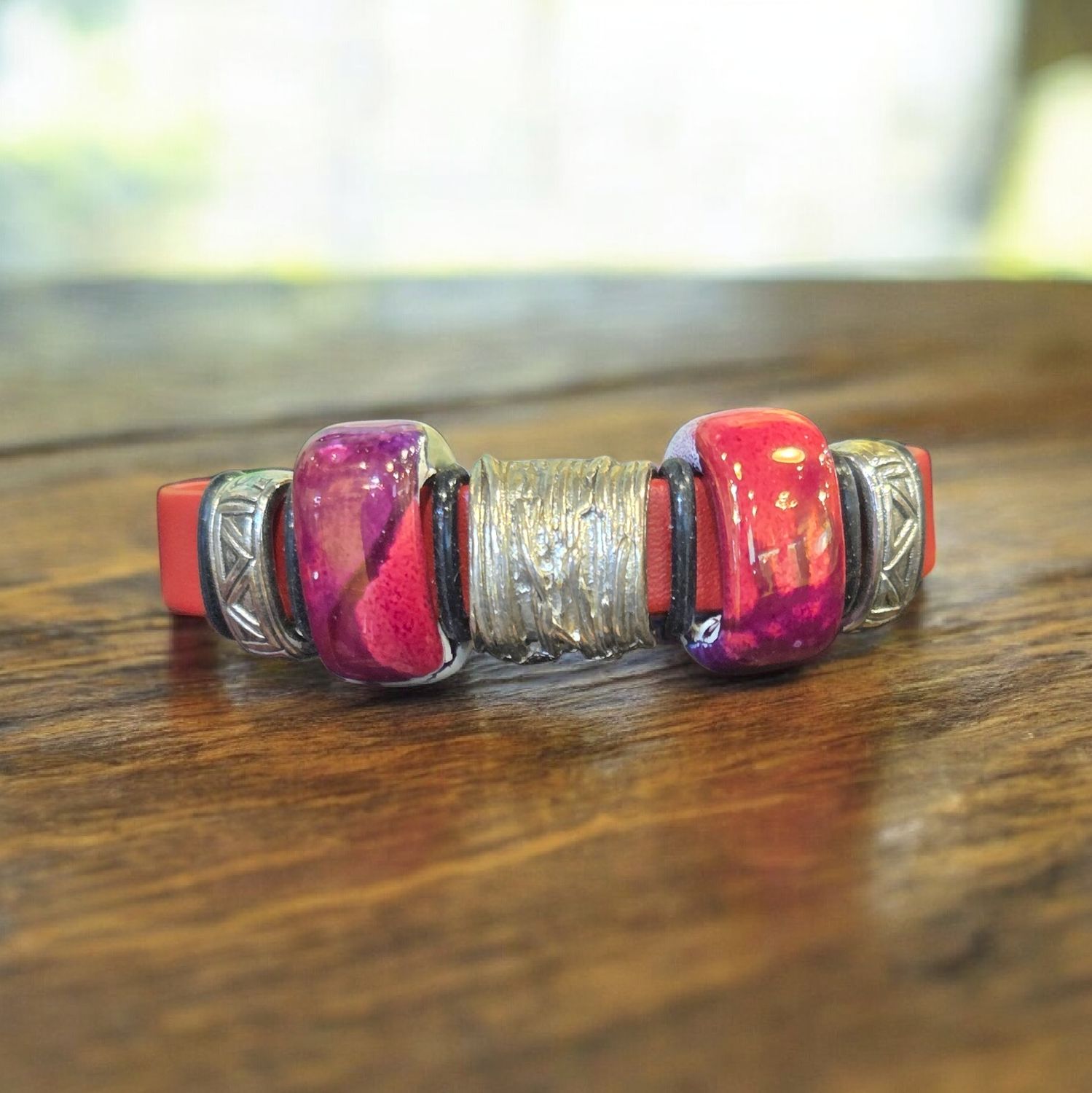 Whitney Bracelet Red Leather Two Red/White Beads
