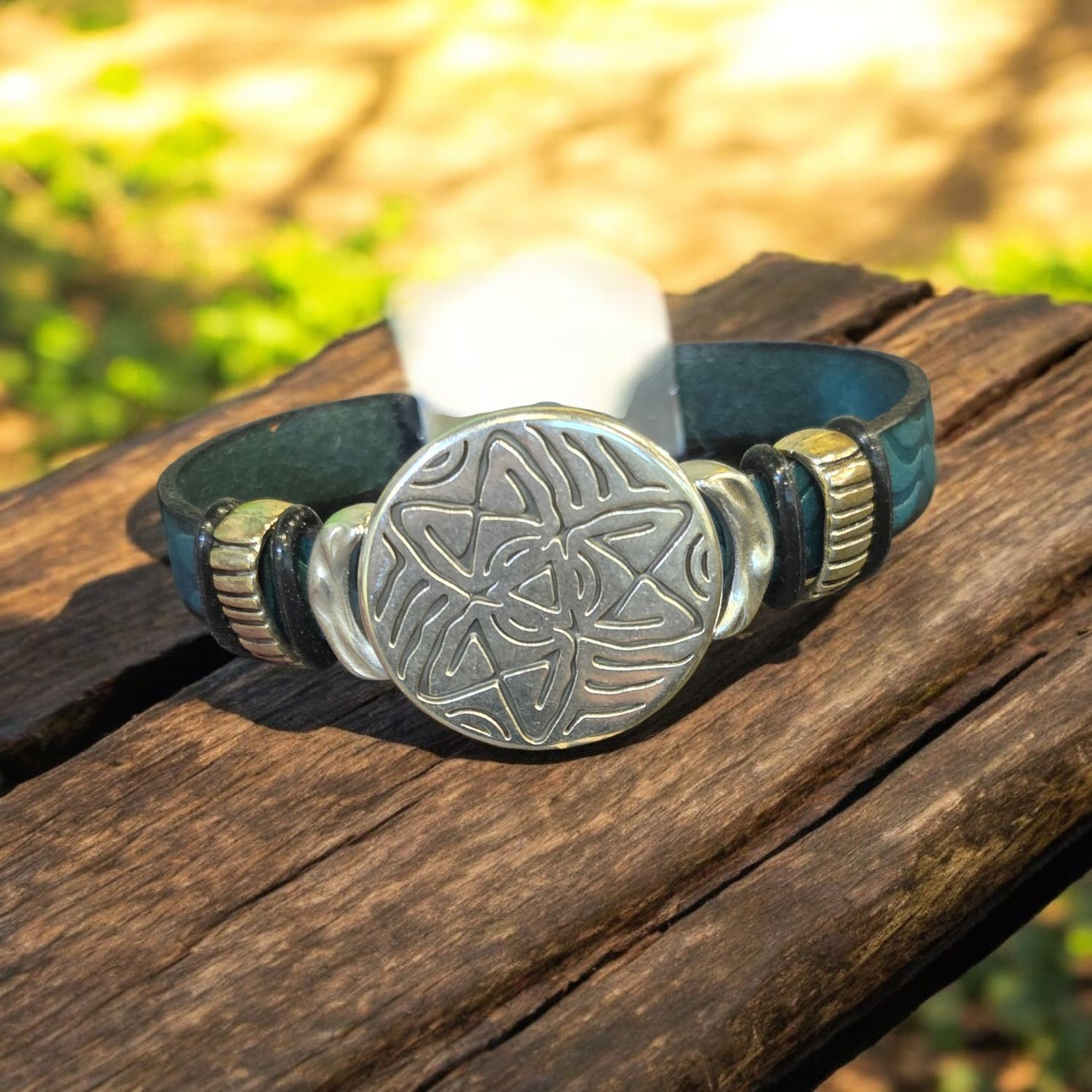 Whitney Bracelet Teal Leather with Large Round Star Bead