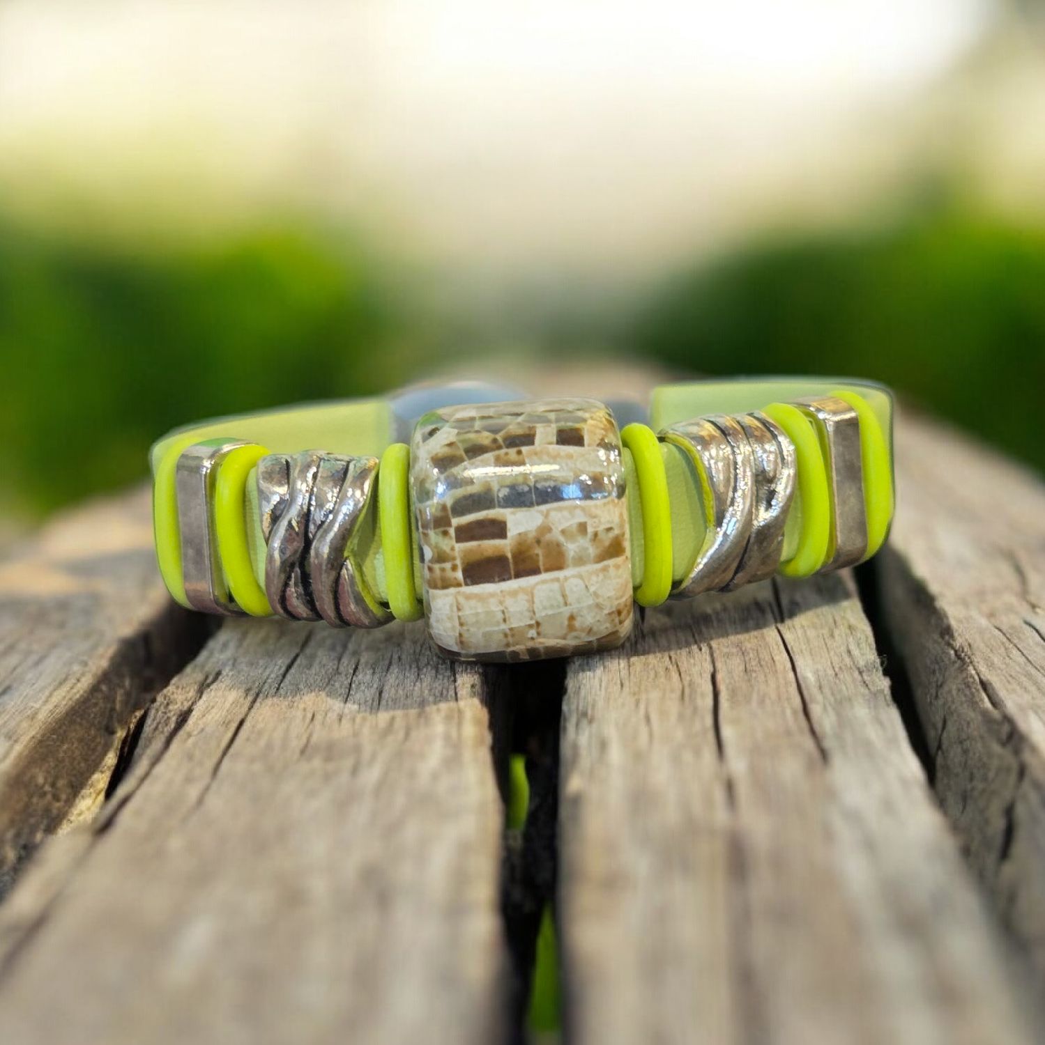 Whitney Bracelet Lime Green Leather with Green and Tan Bead