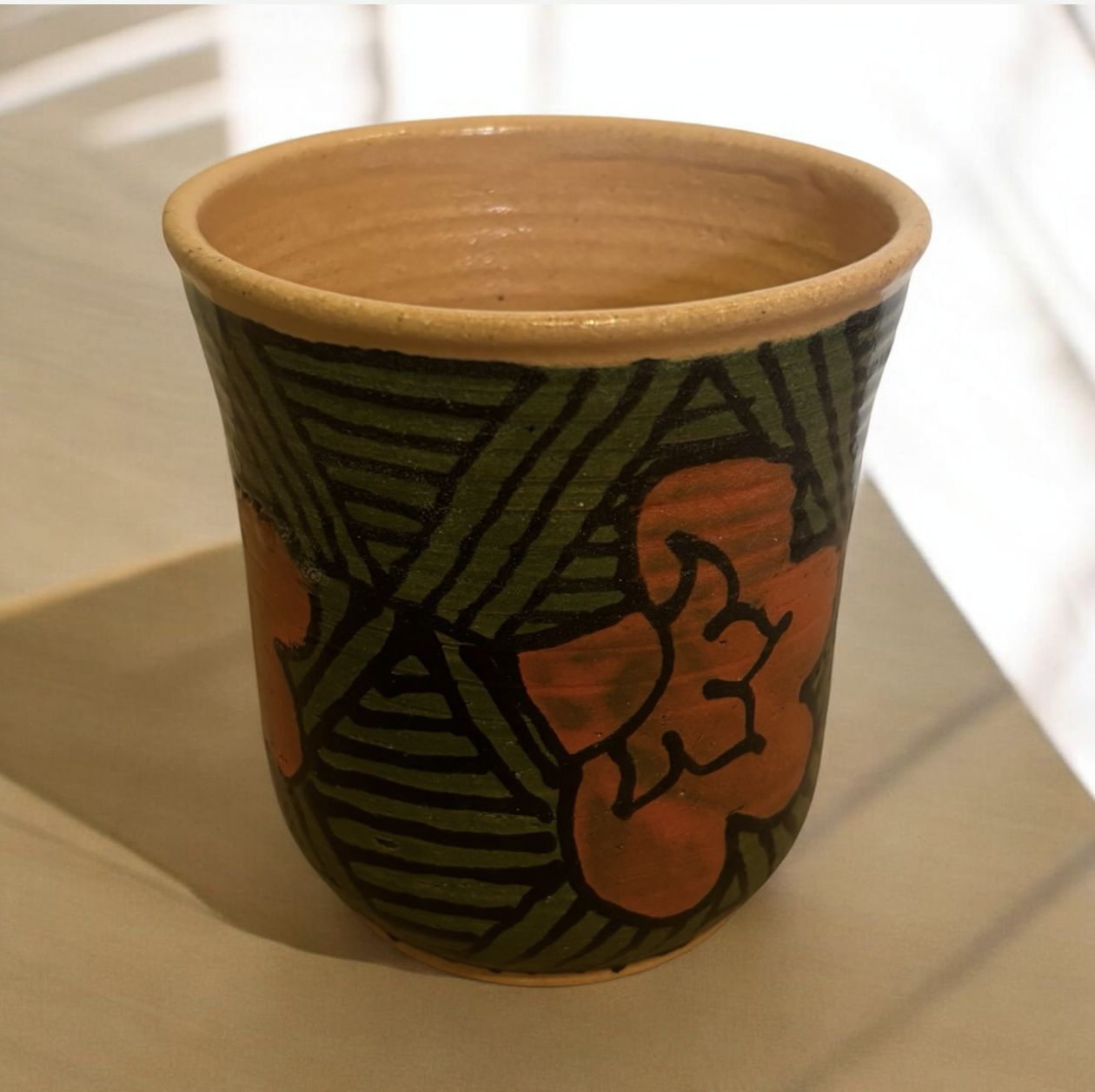 Okechukwu small Crock Brown Glaze, green Ankara with Red Flowers 26