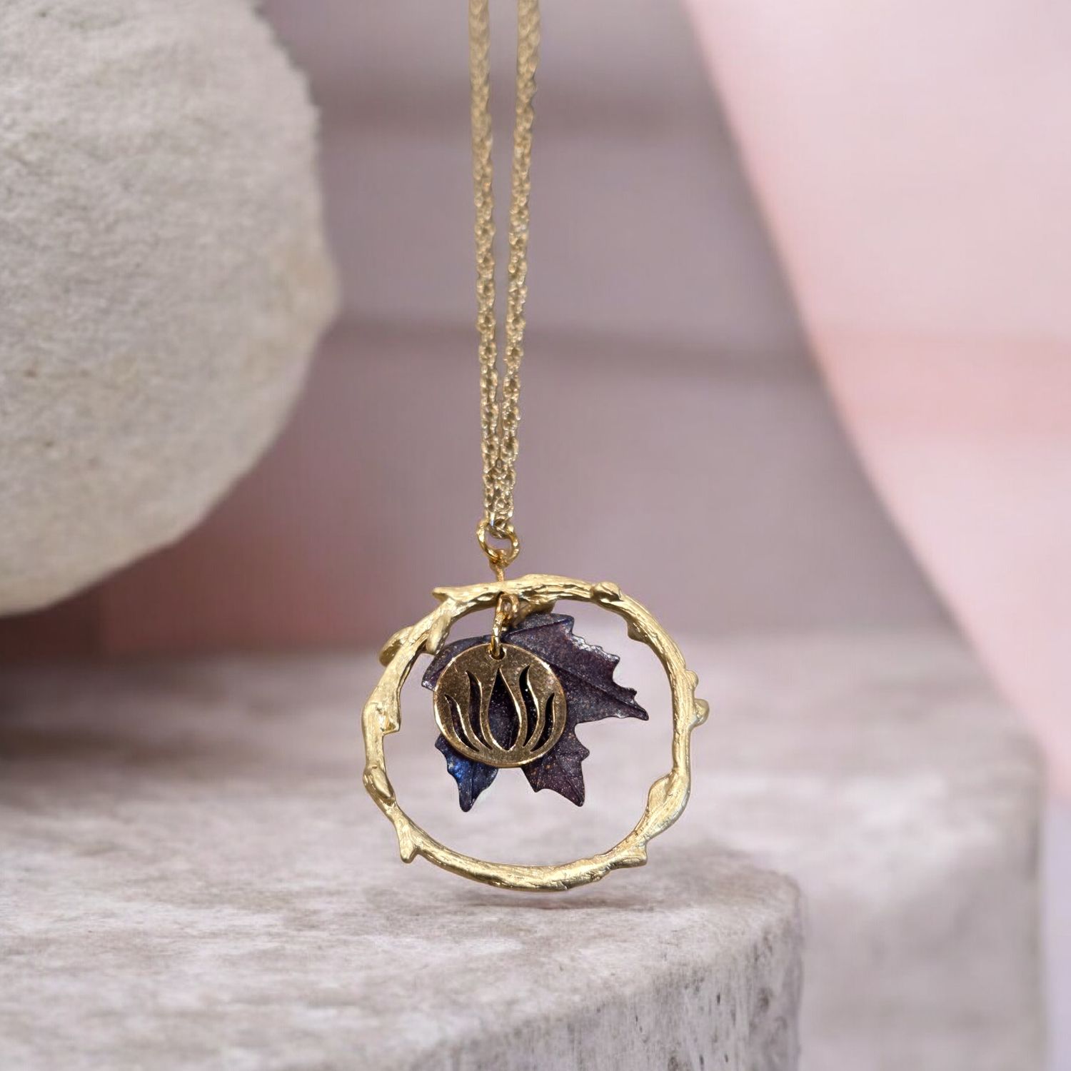 Whitney Necklace Gold Plated "Branch" with Purple Acrylic Leaf