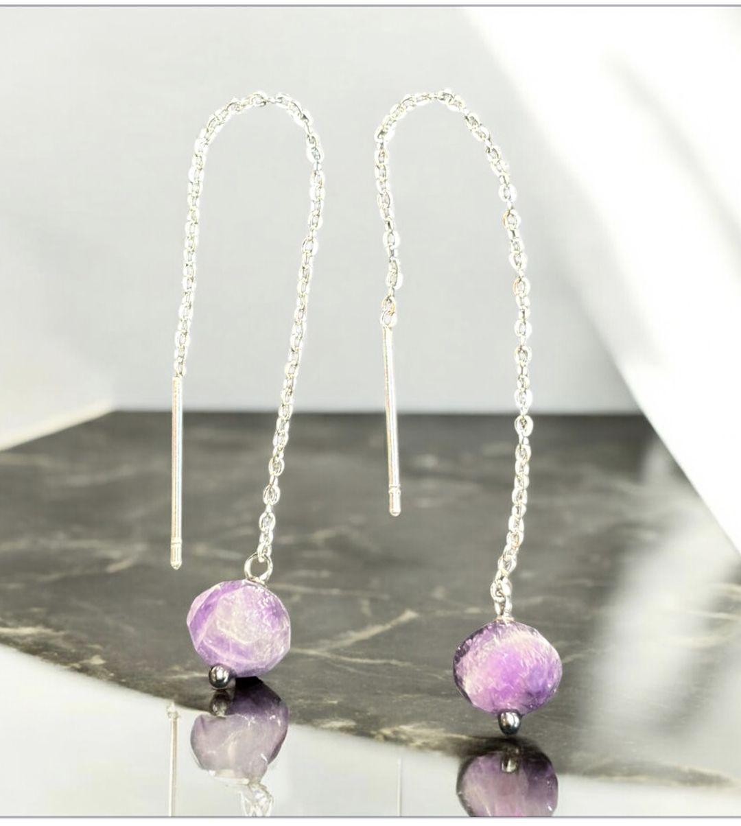 Cass Threader Earrings Faceted Amethyst