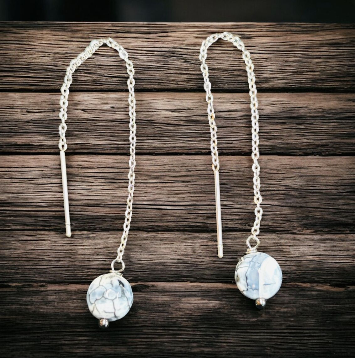 Cass Threader Earrings Black and White Crackle Agate