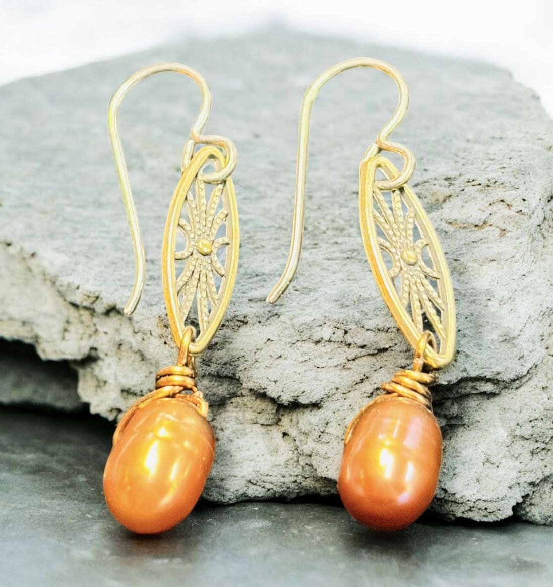 Cass Earrings Bronze Pearl and Filigree