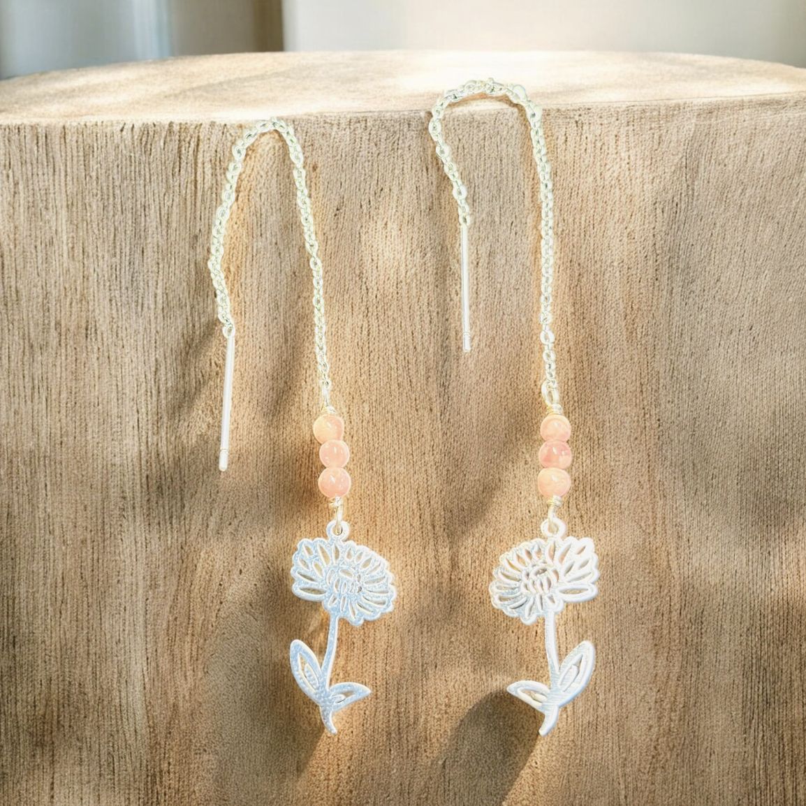 Cass Threader Earrings Rhodochrosite and Flowers