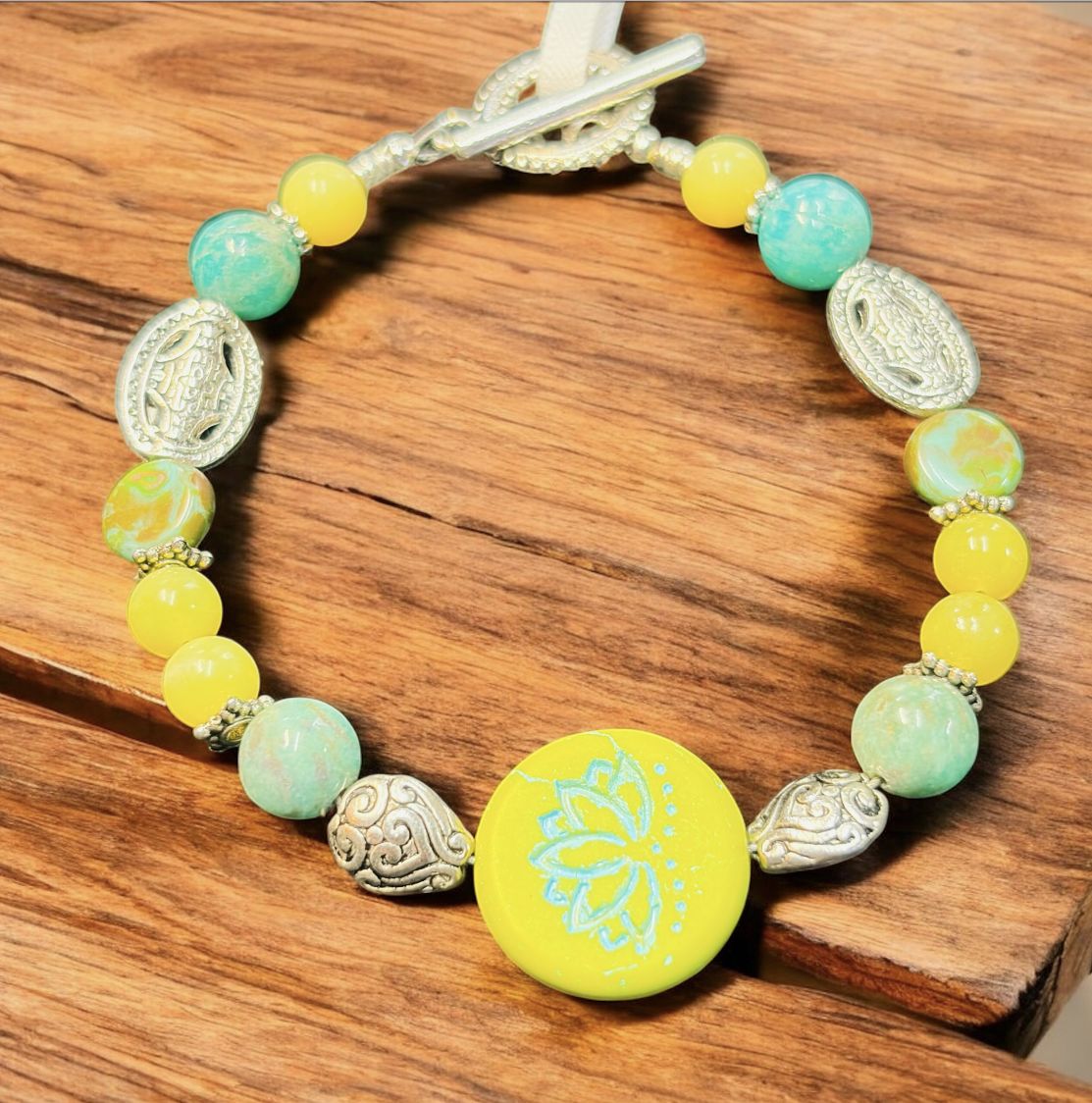 Cass Bracelet Czech Glass Lotus, Amazonite and Jade
