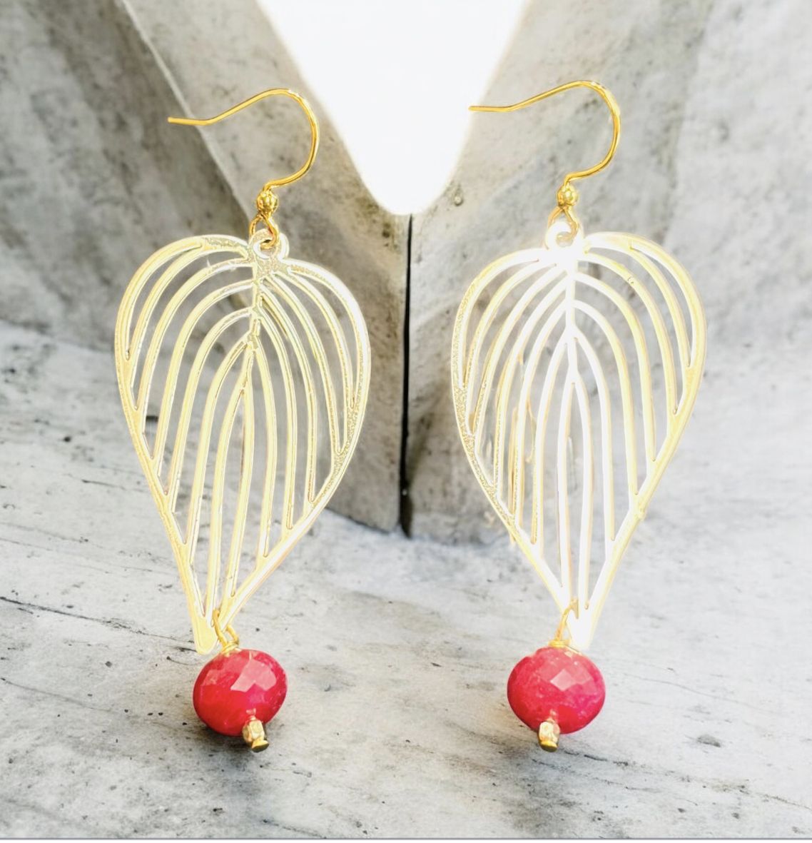 Cass Earrings Leaf with Faceted Ruby
