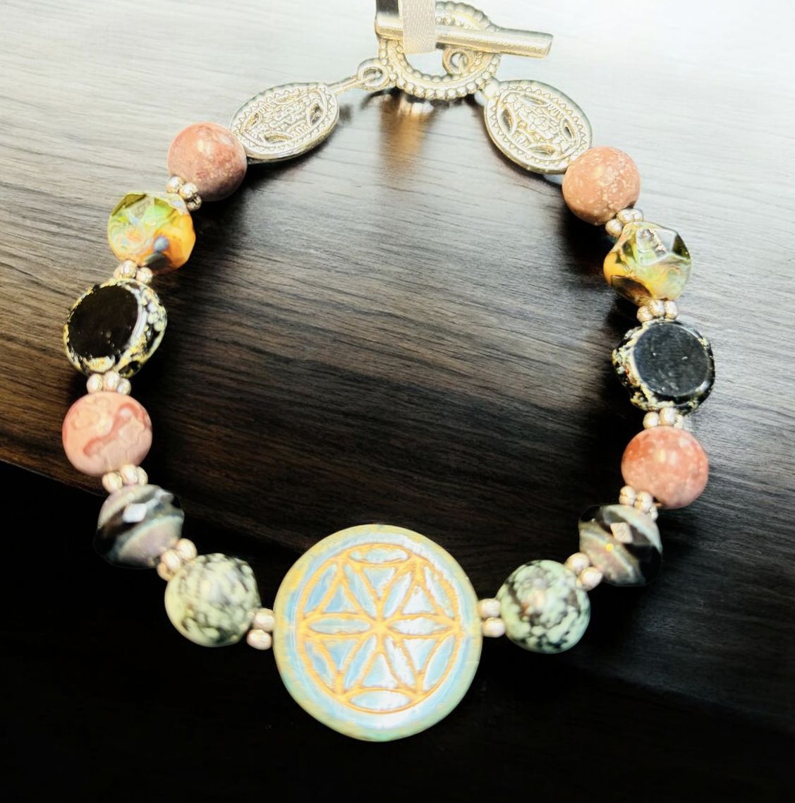 Cass Bracelet Czech Glass Flower of Life and Jasper