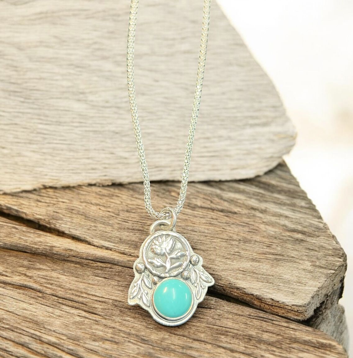 Cass Necklace Turquoise set in Fine Sterling Silver Flower Pendant