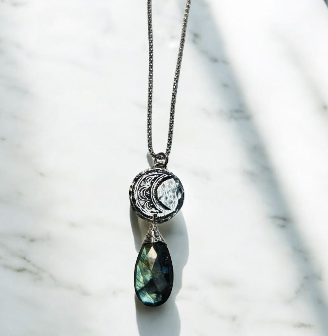 Cass Necklace Labradorite and Precious Metal Clay Silver Moon