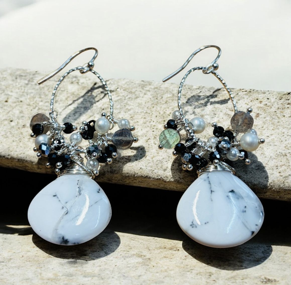 Estancia Earring Dendritic Opal,  Clusters of Pearl, Black Spinel, and Labradorite