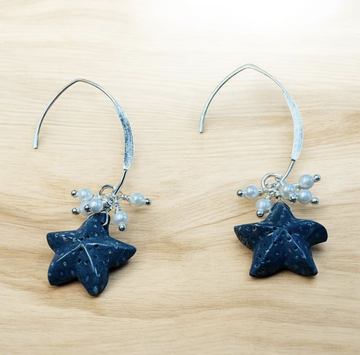 Estancia Earrings Blue Coral Starfish and Pearl Clusters