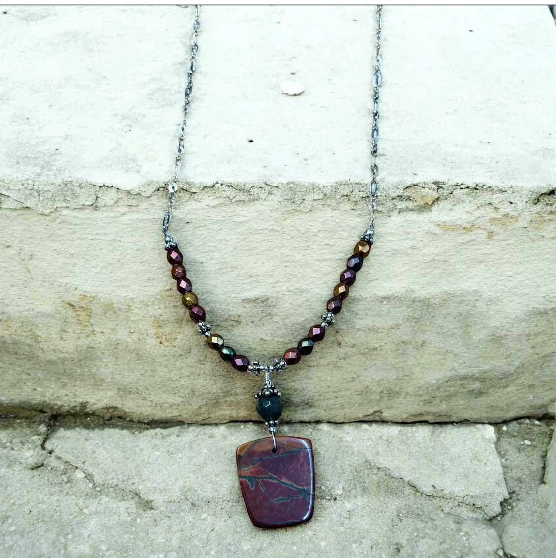 Estancia Necklace Picasso Jasper, Matte Metallic Czech Glass I