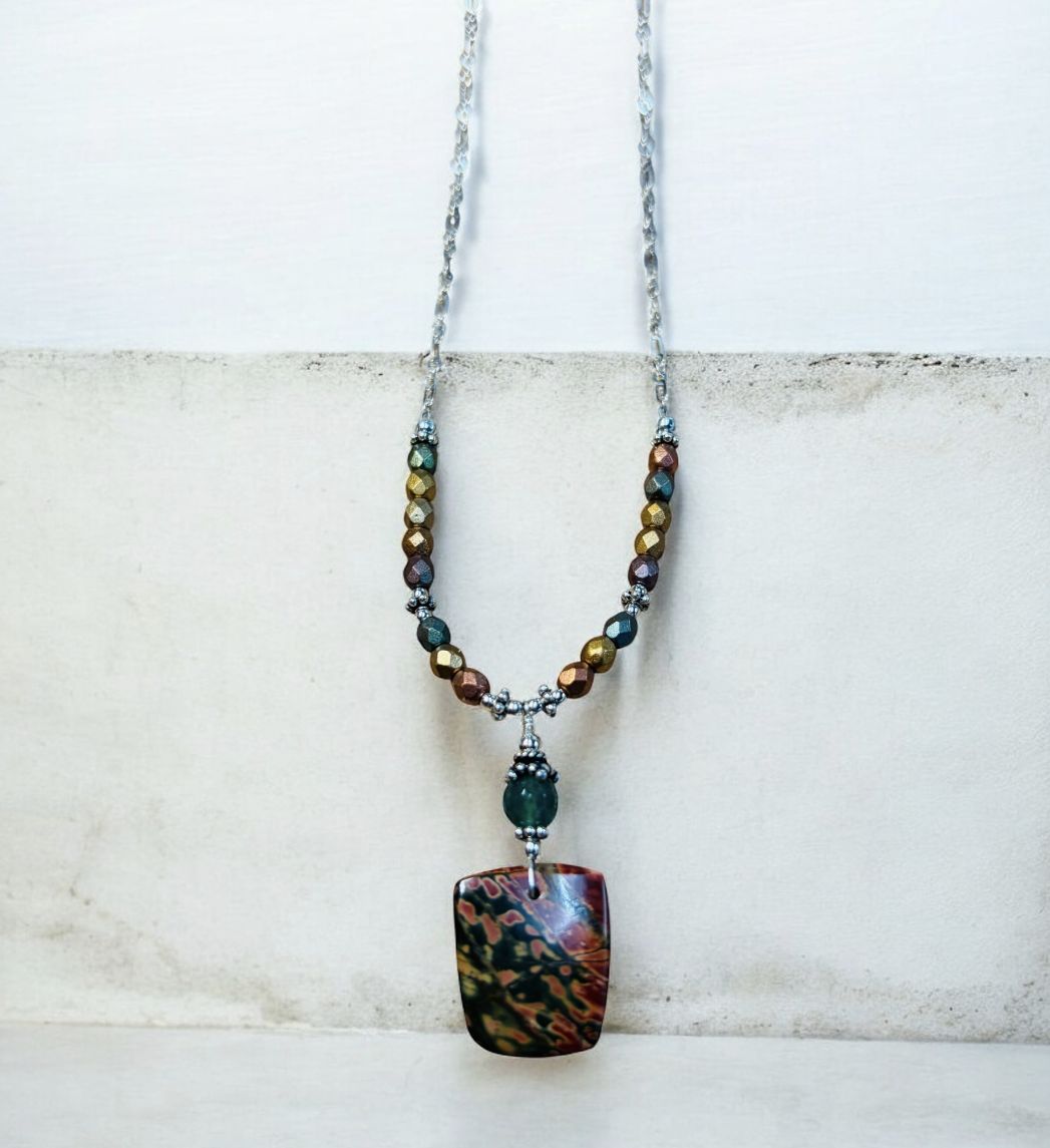 Estancia Necklace Picasso Jasper, Matte Metallic Czech Glass II