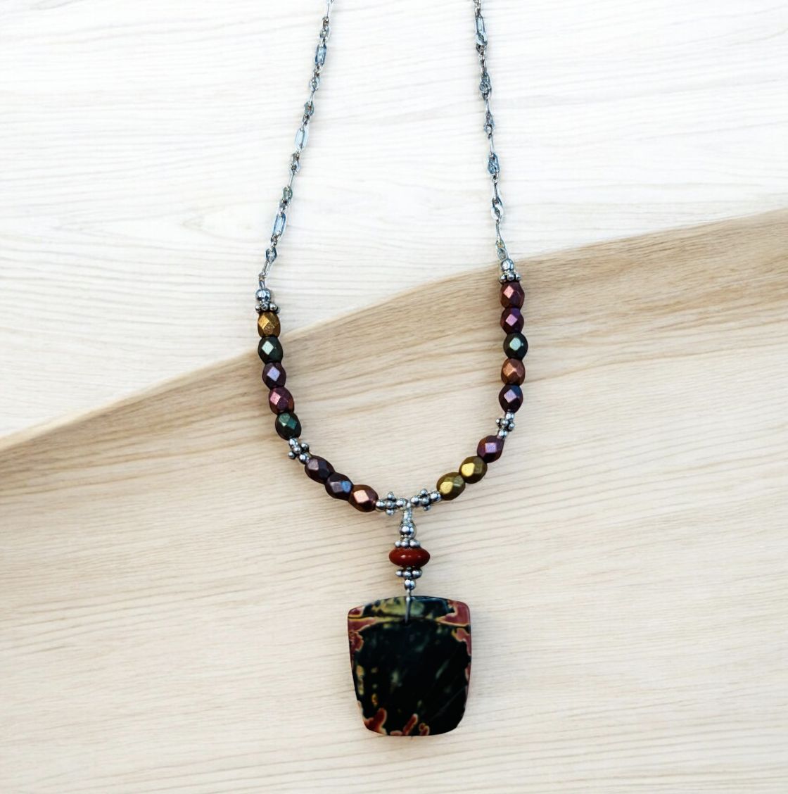 Estancia Necklace Picasso Jasper, Matte Metallic Czech Glass III