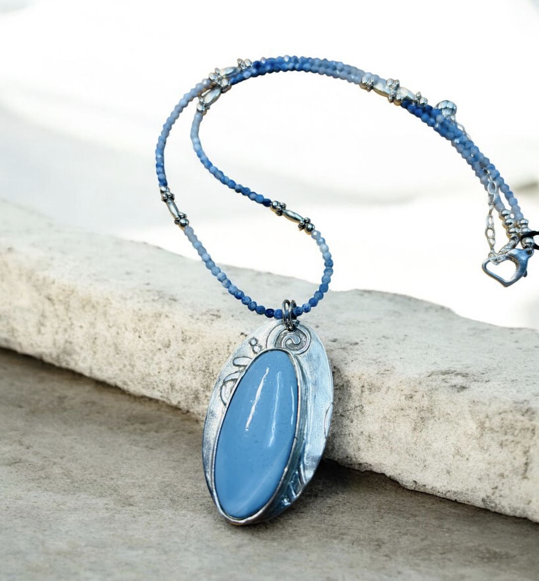 Estancia Necklace Owyhee Blue Opal , Set In PMC, Shaded Sodalite