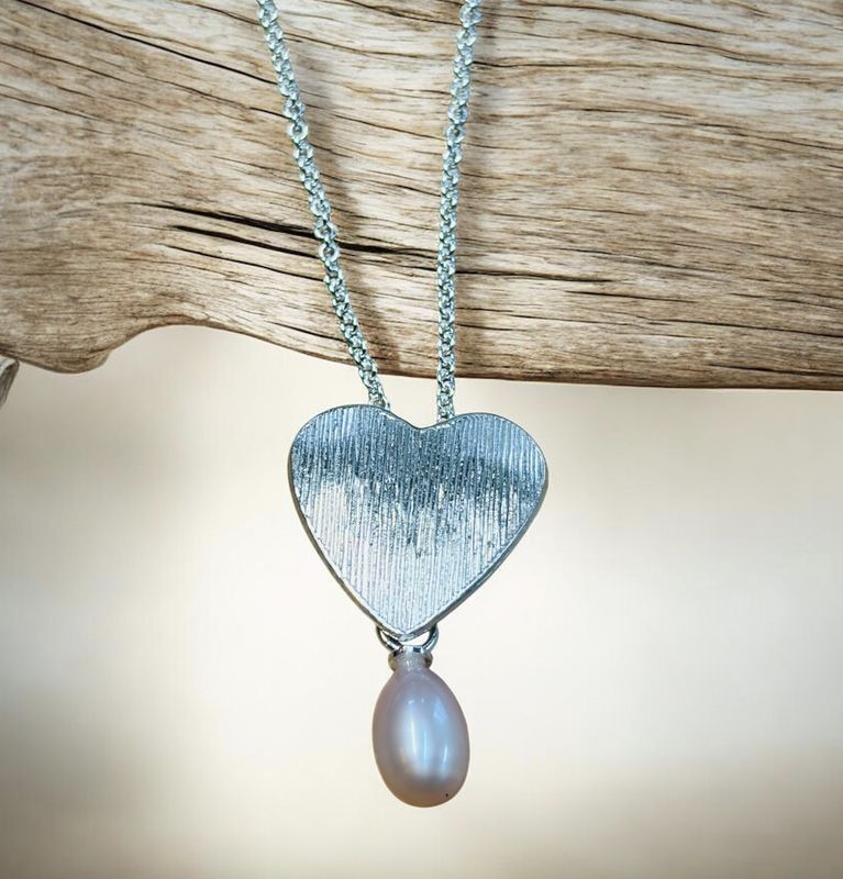Keleher Necklace Sterling Heart with Pink Pearl Drop