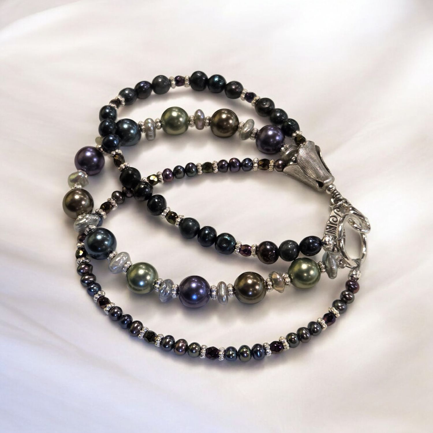 Whitney Bracelet Triple Strand Freshwater Pearls, Czech Glass, Glass Pearls