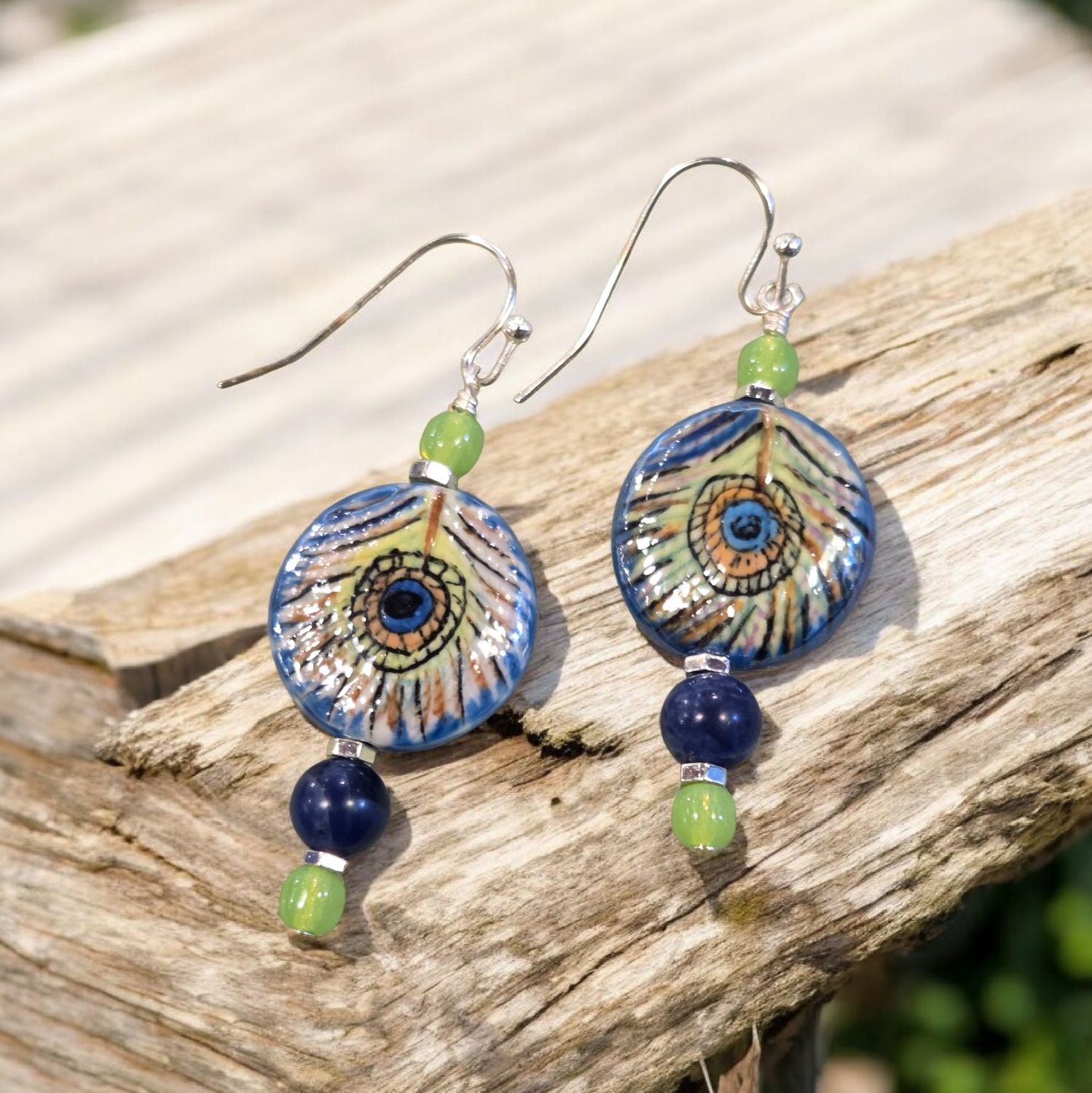 Nadeau Earring Hand Painted Glass Peacock Feathers