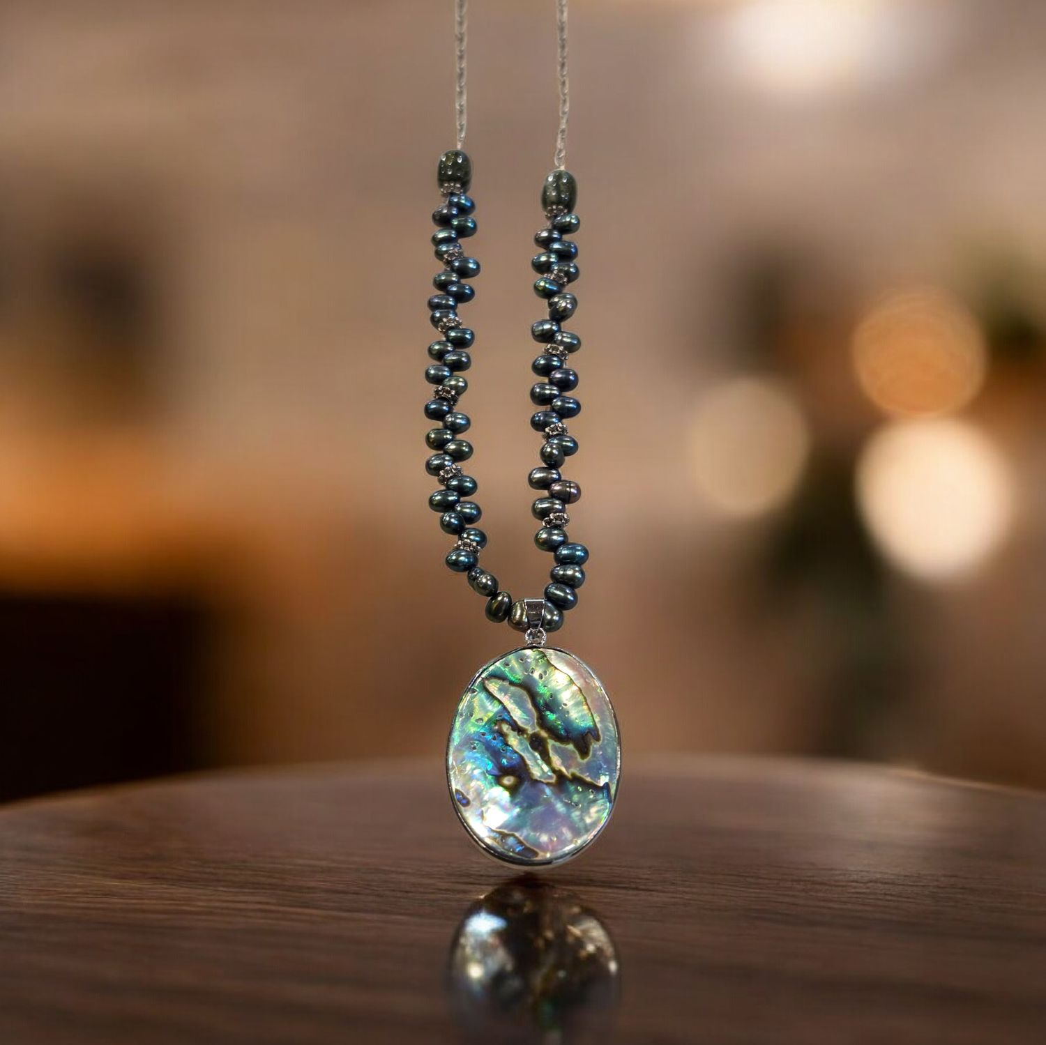 Nadeau Necklace Abalone Pendant with Green Pearls