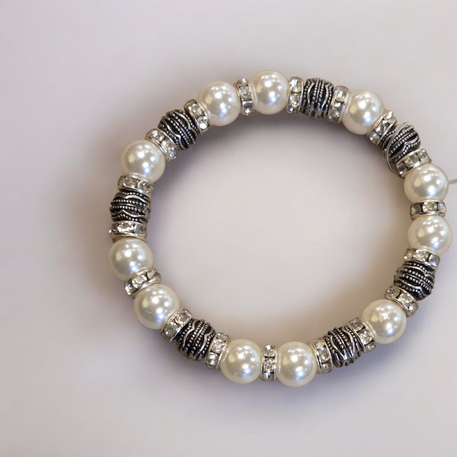 Nadeau Bracelet Pearls, Glass Beads and Pewter Stretch